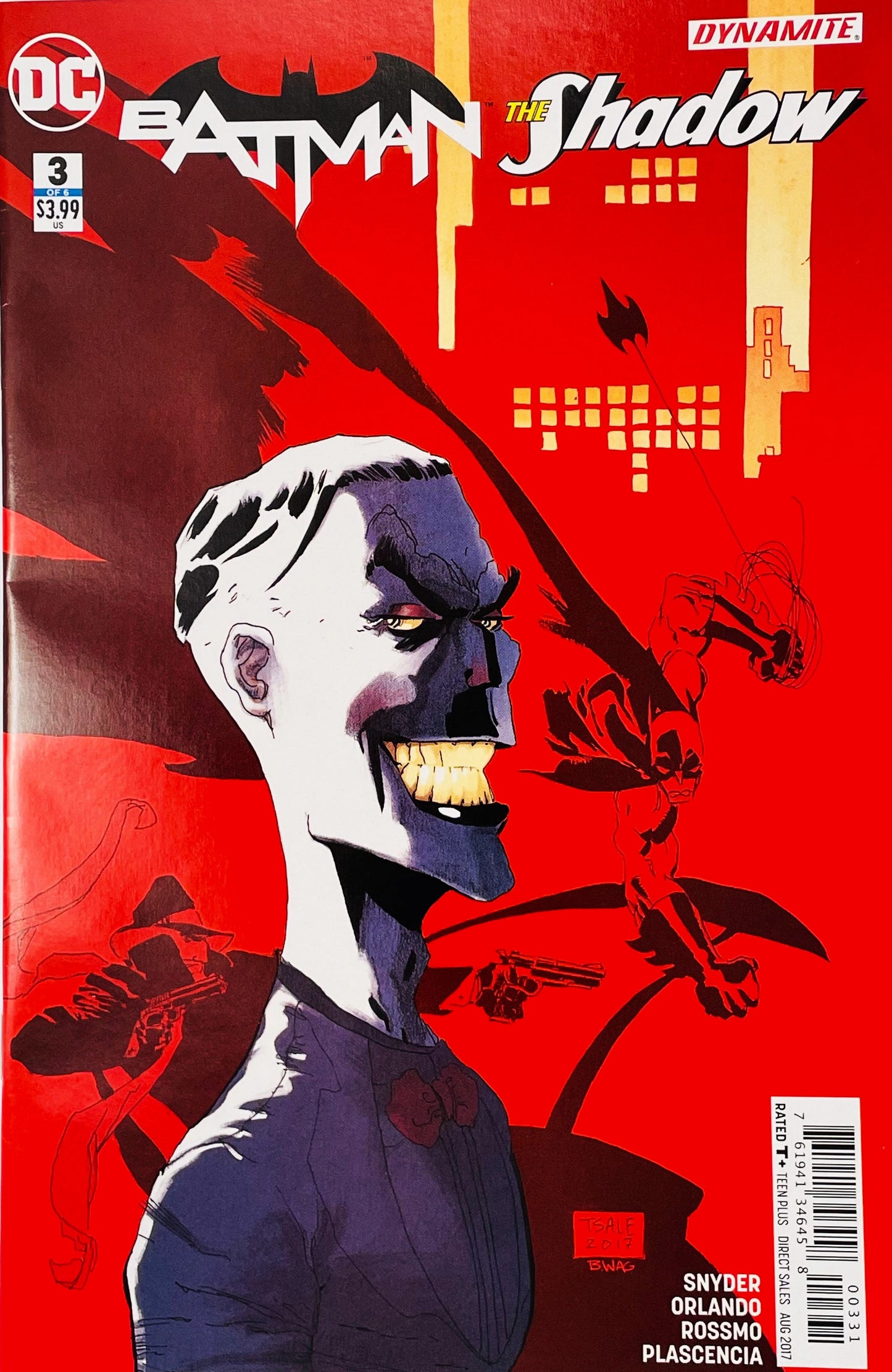 Batman The Shadow issue 3 cover by Riley Rossmo featuring a stylized Joker grinning over a red background with Batman and The Shadow silhouettes.