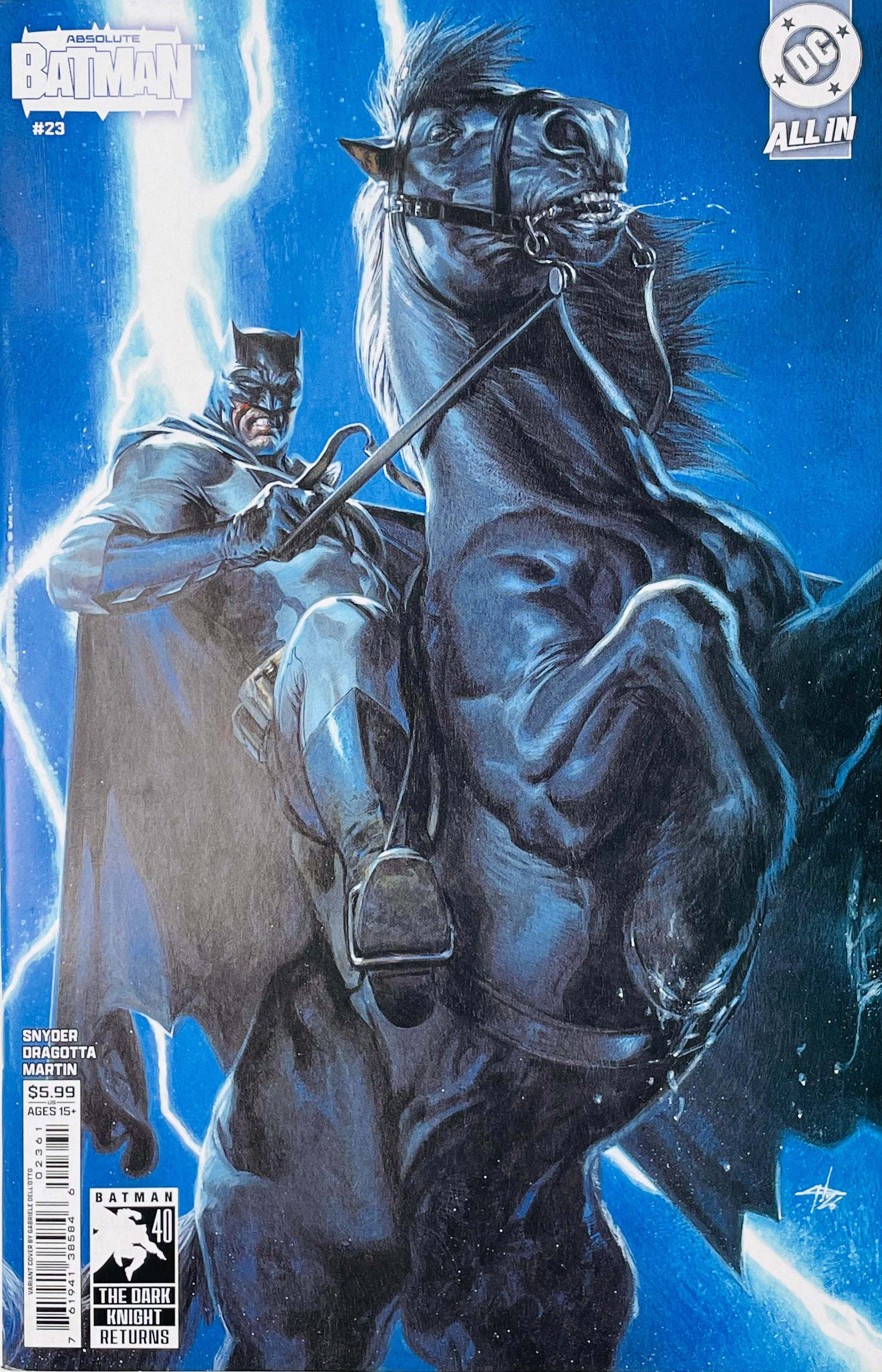 Absolute Batman #23 Gabriele Dell'Otto variant featuring Batman riding a black horse beneath a lightning-filled blue night sky.