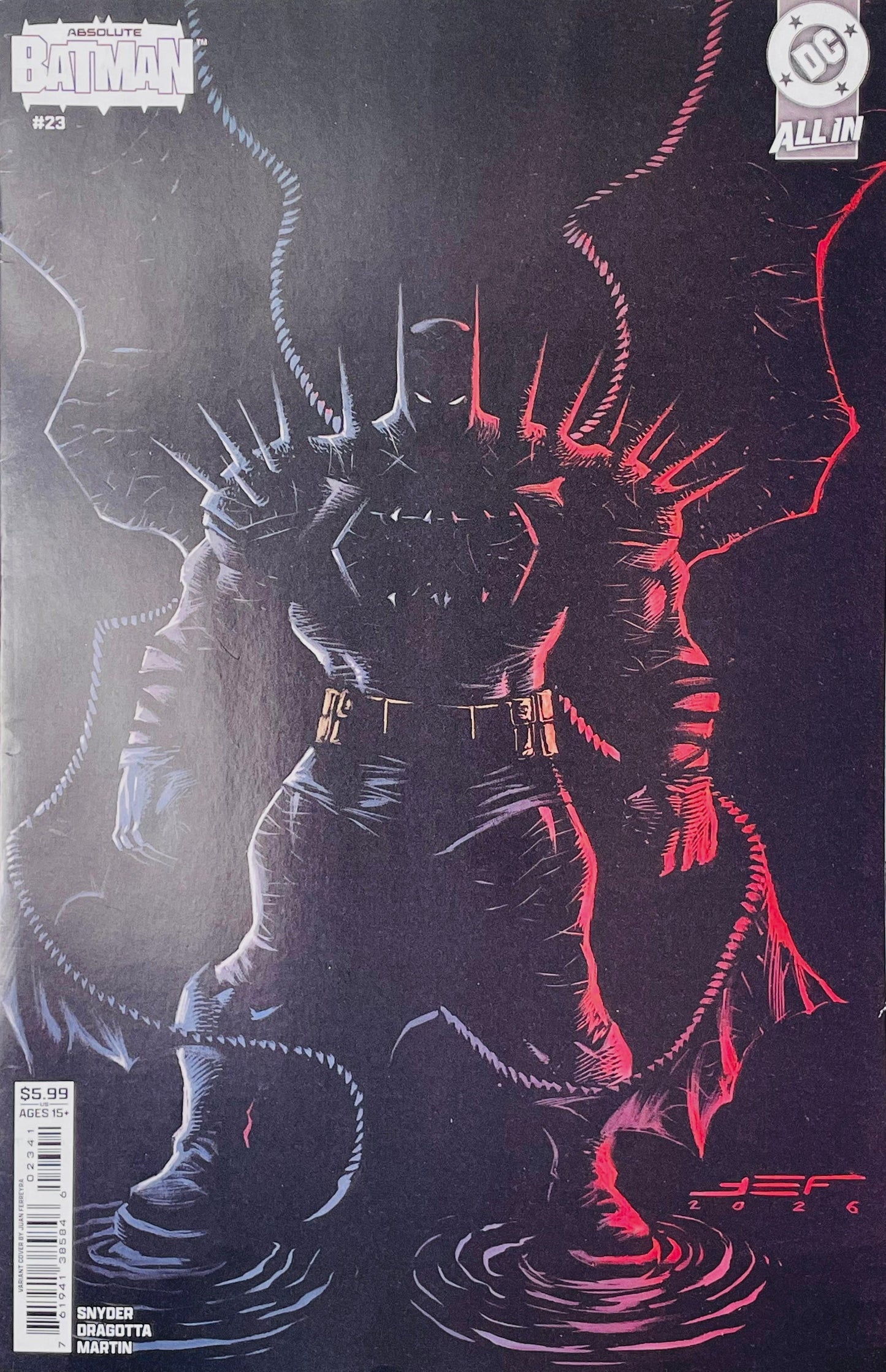 Absolute Batman #23 Gabriele Dell’Otto variant featuring Batman riding a black horse beneath blue lightning.