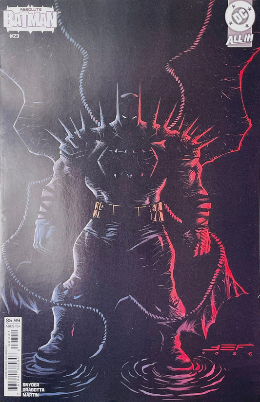 Absolute Batman #23 Gabriele Dell’Otto variant featuring Batman riding a black horse beneath blue lightning.