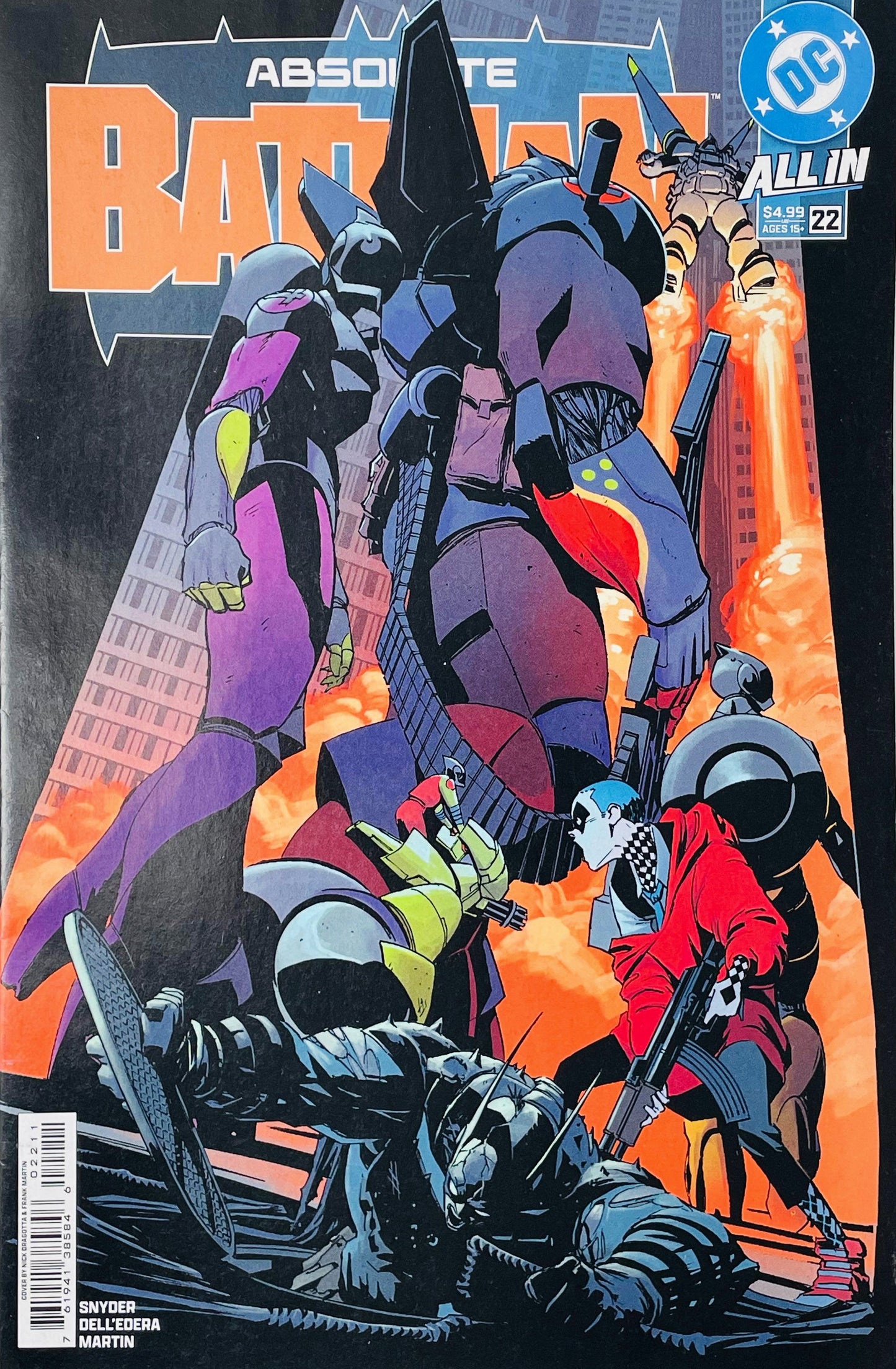 Absolute Batman #22 Nick Dragotta Cover A featuring Batman and the Robins in a dramatic city scene surrounded by flames