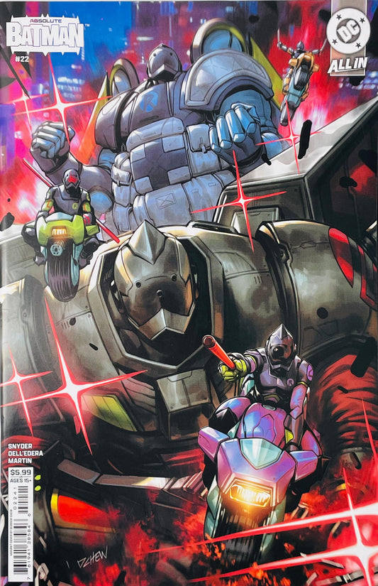 Absolute Batman #22 Derrick Chew cardstock variant cover featuring Batman and the Robins riding motorcycles through a fiery Gotham City