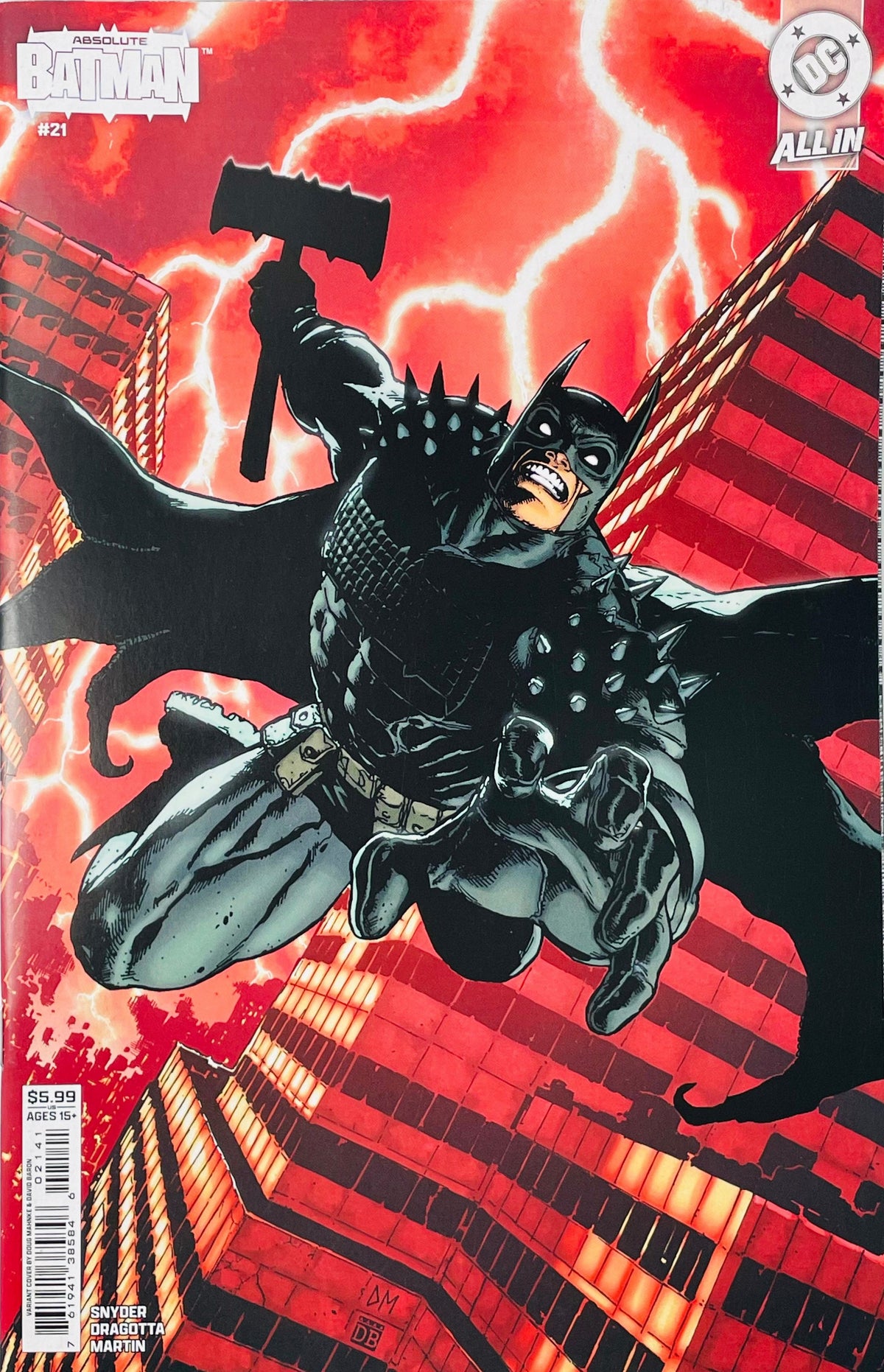 Batman comic book cover featuring Batman flying forward with a raised hammer against a red sky with lightning and city buildings. Visible branding includes Batman, DC, and Allin.