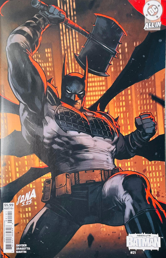 Absolute Batman #21 David Nakayama Card Stock Variant cover showing Batman raising a massive hammer over his head against an orange-lit Gotham City skyline