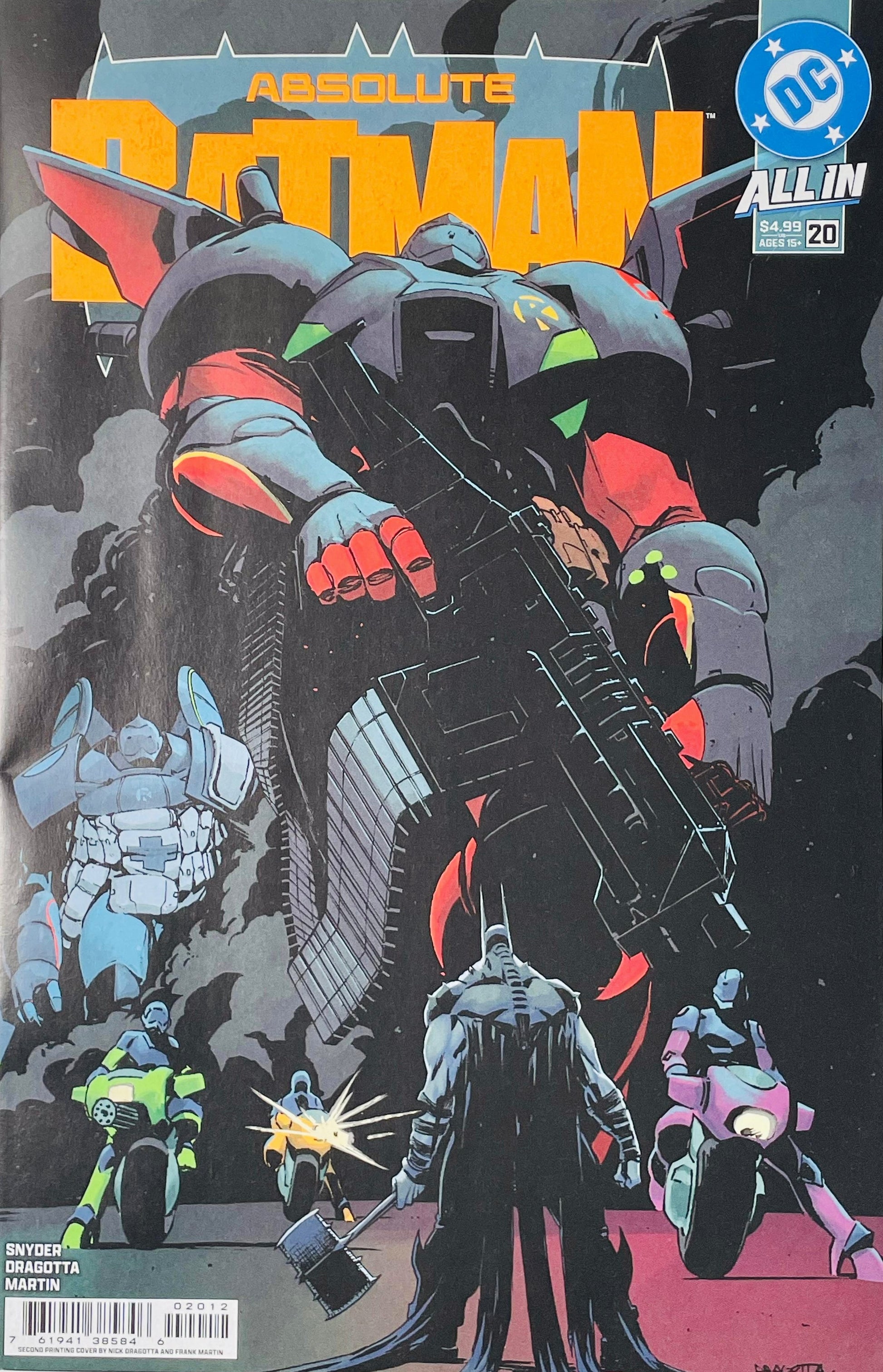 Front cover of Absolute Batman Issue 20, featuring a large armored robot holding a gun, with Batman and other characters below in a dark comic-book scene. The DC logo and Allin branding are visible.