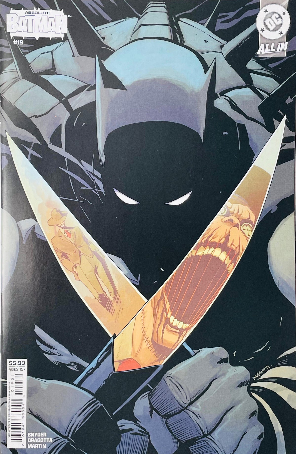 Absolute Batman #19 Nick Dragotta Card Stock Variant showing Batman in dark spiked armor with glowing white eyes holding crossed blades containing illustrated figures against a shadowy background