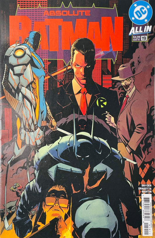 Absolute Batman #19 Nick Dragotta Cover A featuring armored Batman, a suited figure with a Robin insignia, an armored warrior, and a sinister Scarecrow-like figure against a dark Gotham City skyline