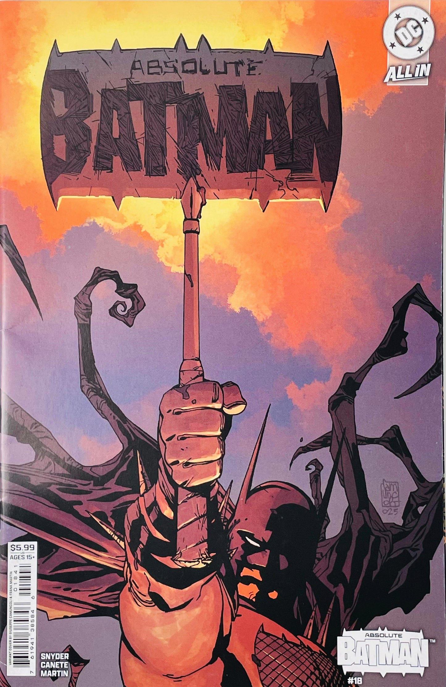 Absolute Batman #18 Giuseppe Camuncoli Card Stock Variant Cover D showing Batman's armored hand holding a jagged Absolute Batman sign surrounded by dark tendrils and an orange purple sky