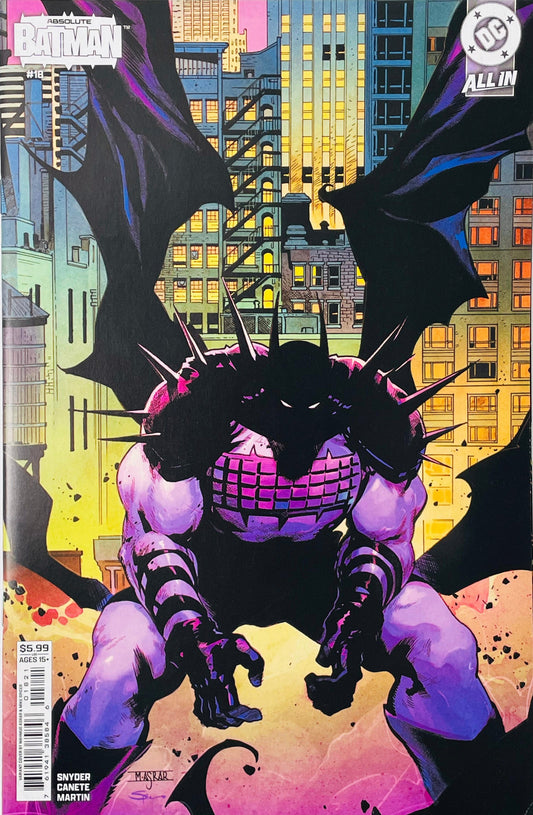 Absolute Batman #18 Giuseppe Camuncoli Card Stock Variant Cover D showing Batman gripping a jagged Absolute Batman sign surrounded by dark tendrils against a vivid orange and purple sky