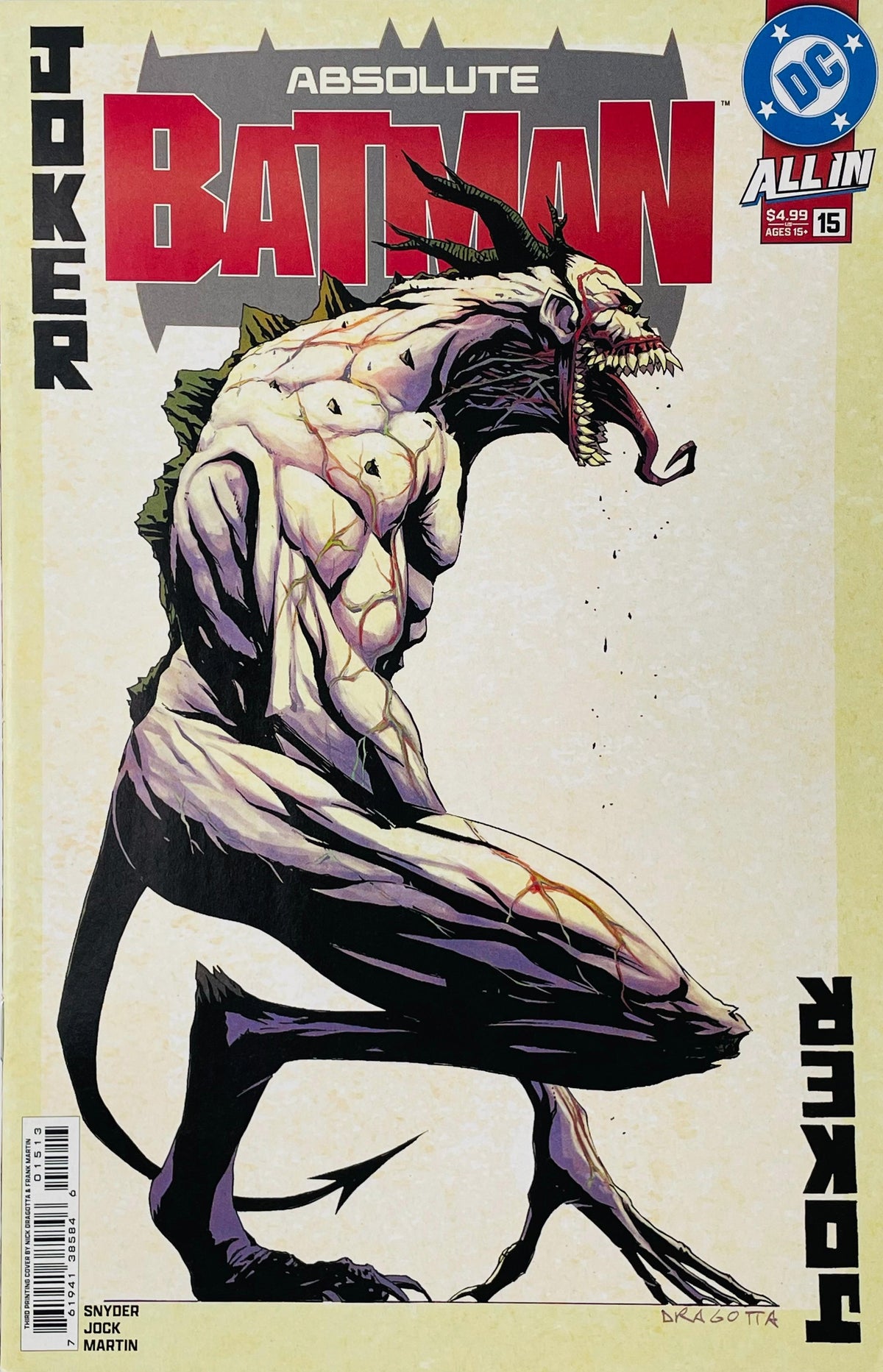 Absolute Batman #15 Nick Dragotta Main Cover A featuring a grotesque elongated Joker crouching with sharp teeth and claws against a pale background
