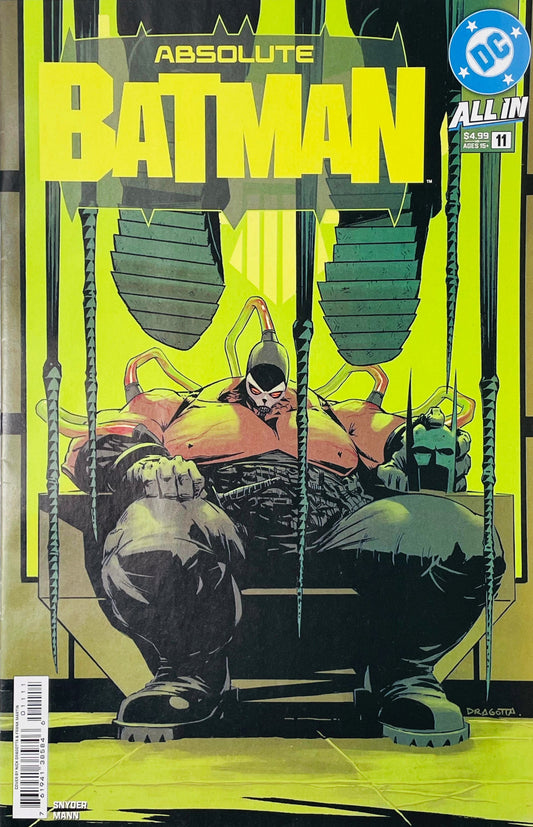 Absolute Batman #11 Nick Dragotta Main Cover A featuring a menacing Bane seated in a dark armored suit surrounded by industrial cables against a yellow-green background