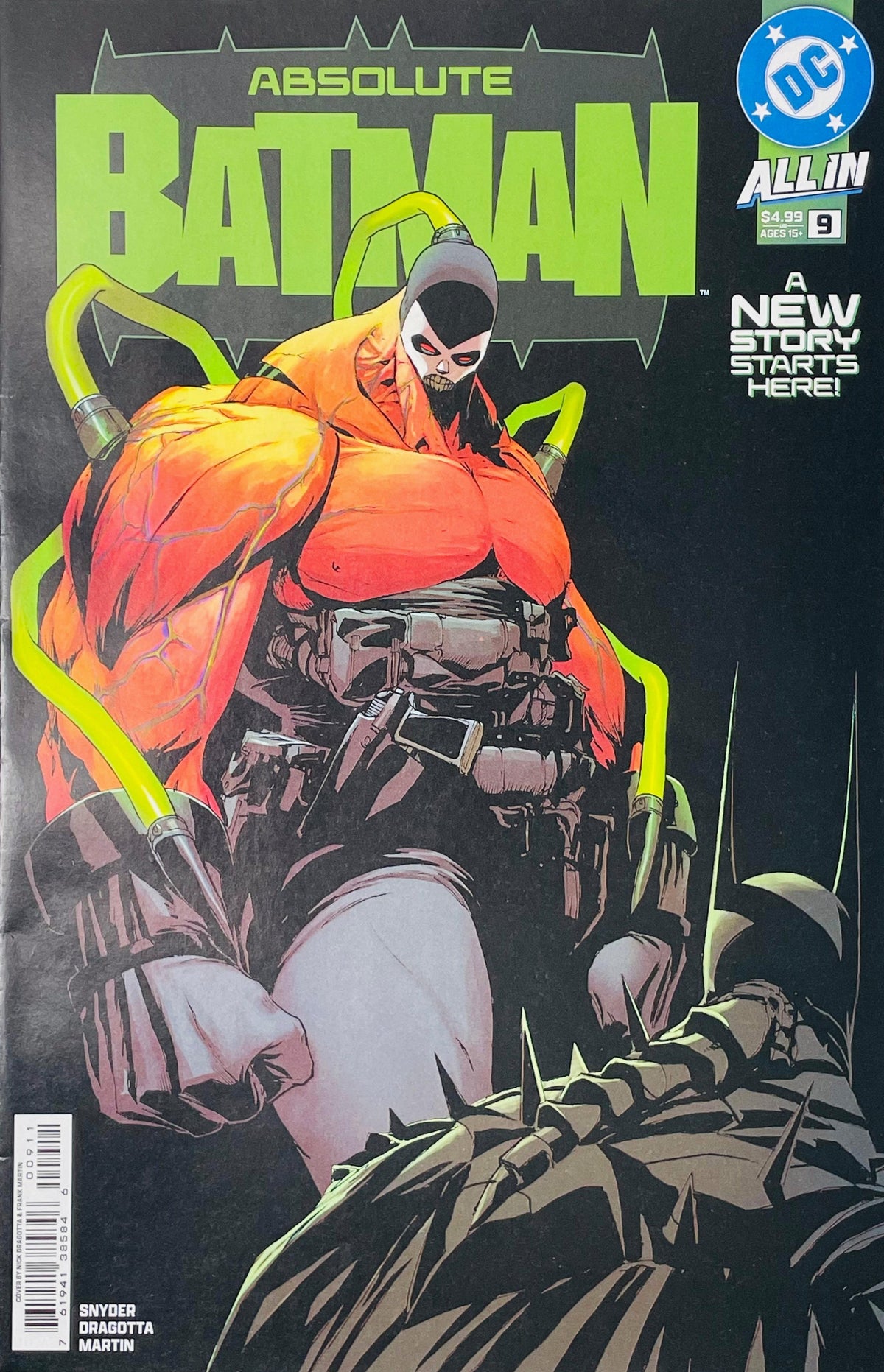 Absolute Batman #9 Nick Dragotta comic book cover featuring Bane in the Absolute Universe wearing a black mask, orange-red cape and dark tactical costume, with bright green venom tubes extending around his body. 