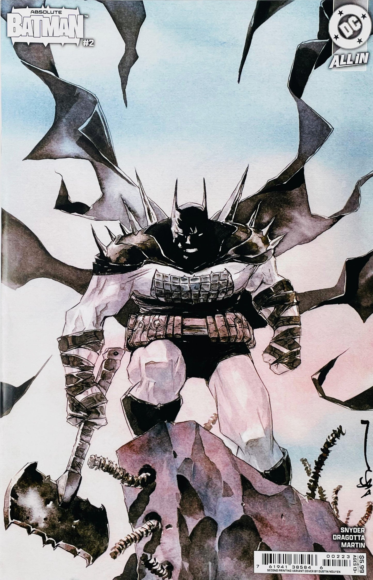 Absolute Batman #2 Second Printing Variant Cover by Dustin Nguyen, featuring a bold and atmospheric armored Batman design from DC All In. A striking collectible for Batman and comic-book collectors.