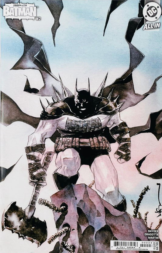 Absolute Batman #2 Second Printing Variant Cover by Dustin Nguyen, featuring a bold and atmospheric armored Batman design from DC All In. A striking collectible for Batman and comic-book collectors.