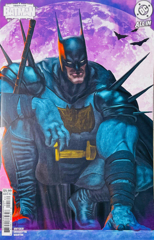 Absolute Batman #1 Mark Spears seventh printing variant cover featuring armored Batman against a glowing purple moon with flying bats