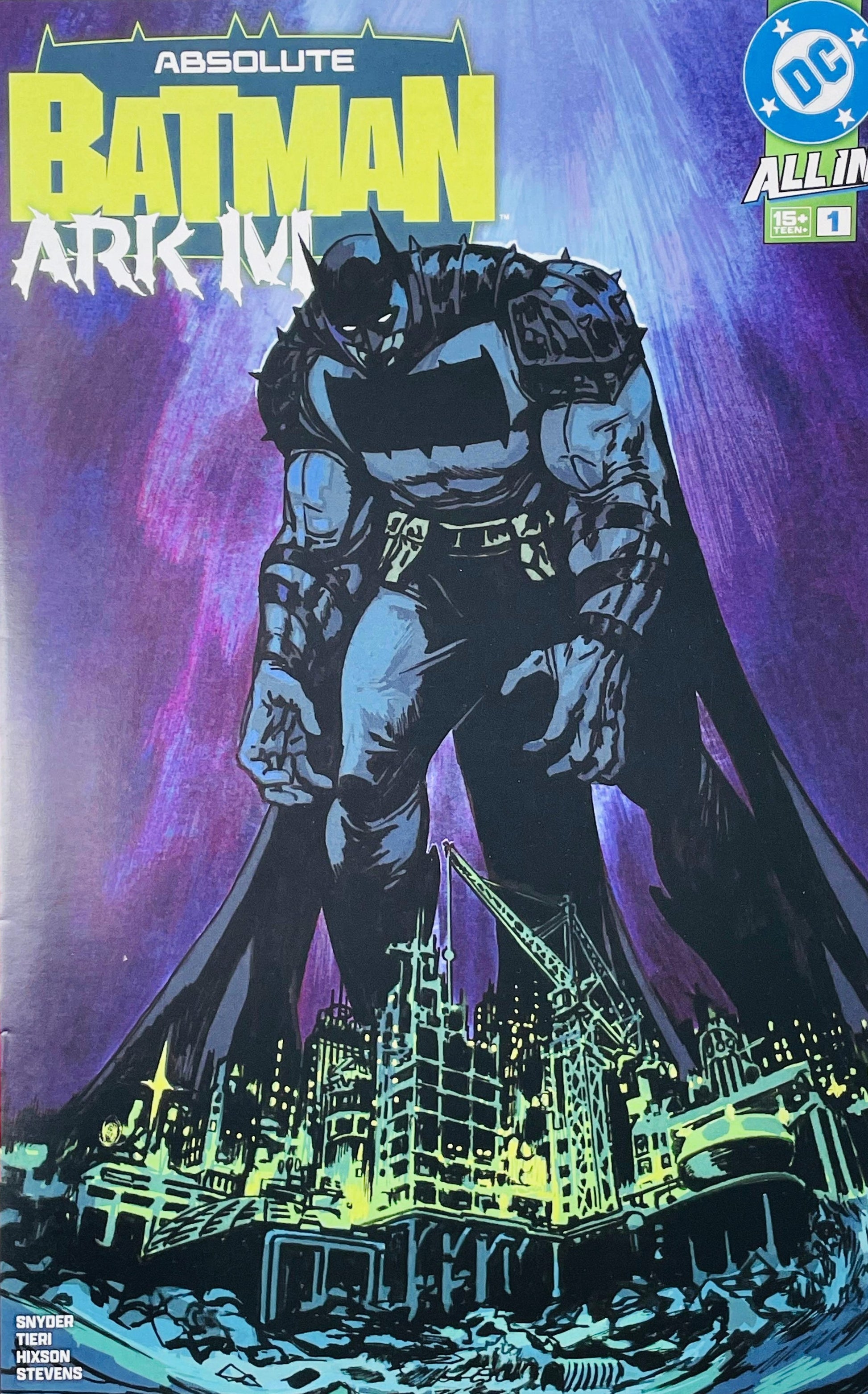 Absolute Batman Ark M #1 Joshua Hixson cover featuring a towering armored Batman overlooking a stylized Gotham City skyline