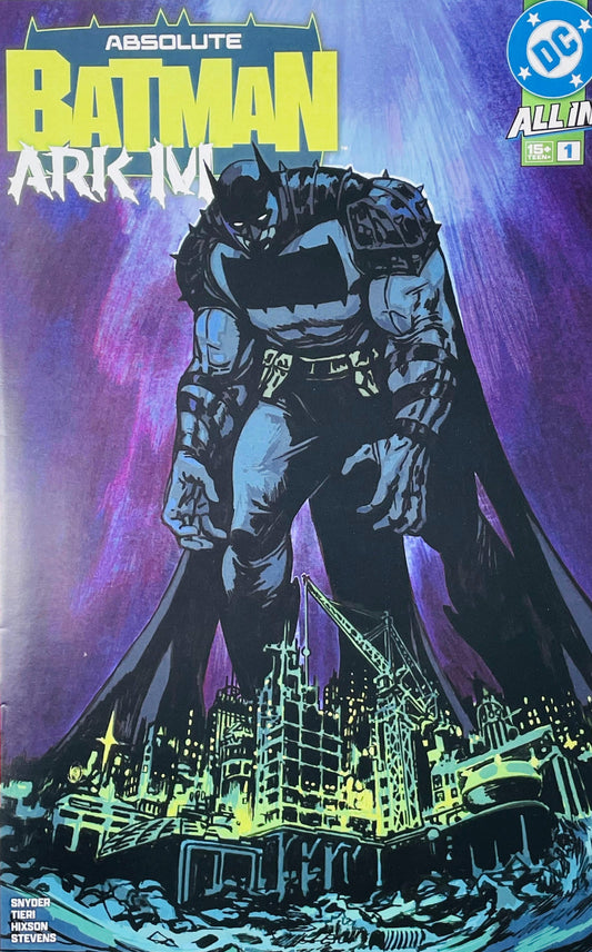 Absolute Batman Ark M #1 Joshua Hixson cover featuring a towering armored Batman overlooking a stylized Gotham City skyline