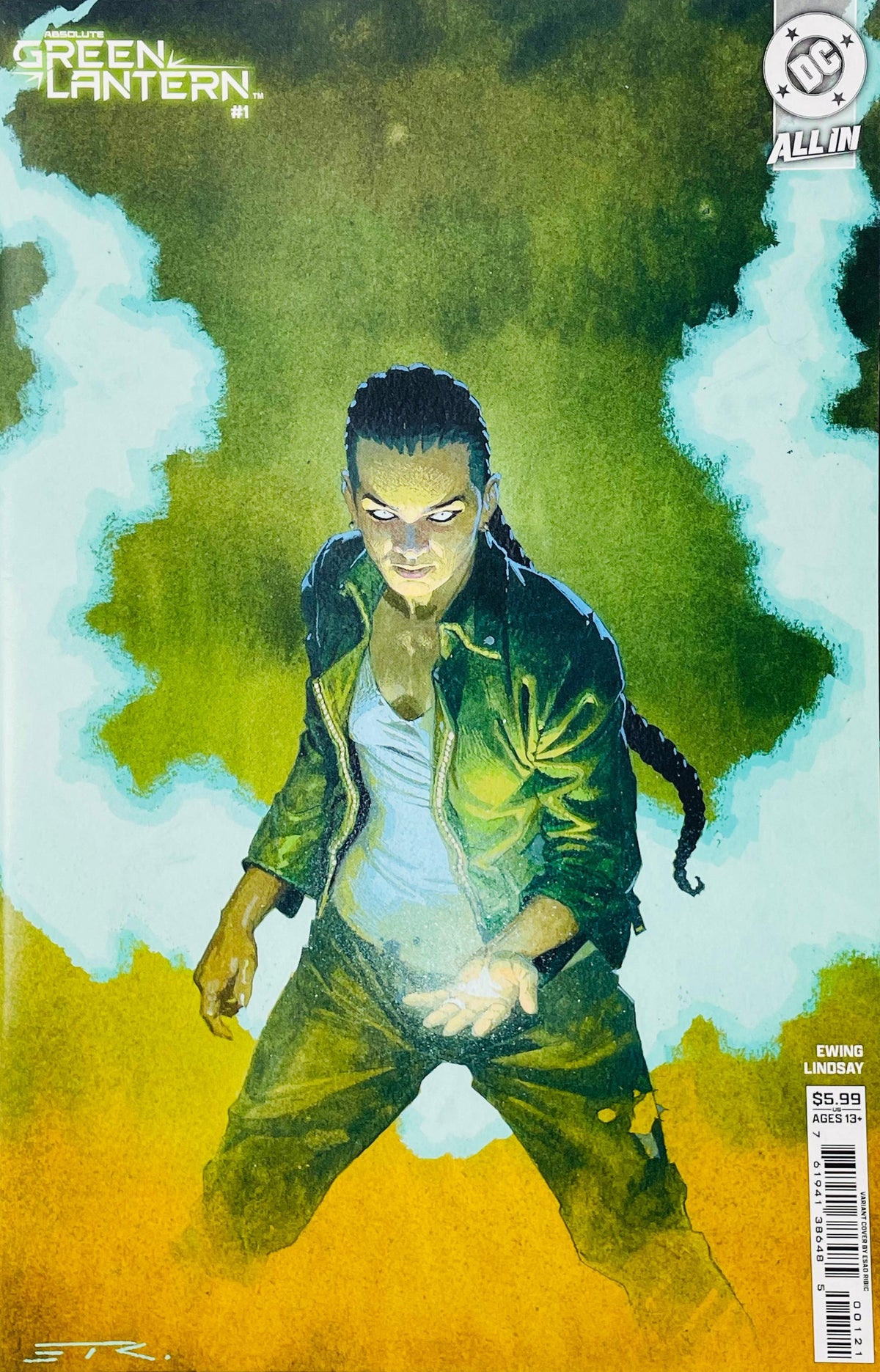 Absolute Green Lantern #1 Esad Ribic card stock variant cover featuring Jo Mullein surrounded by glowing green energy against a textured green and yellow background