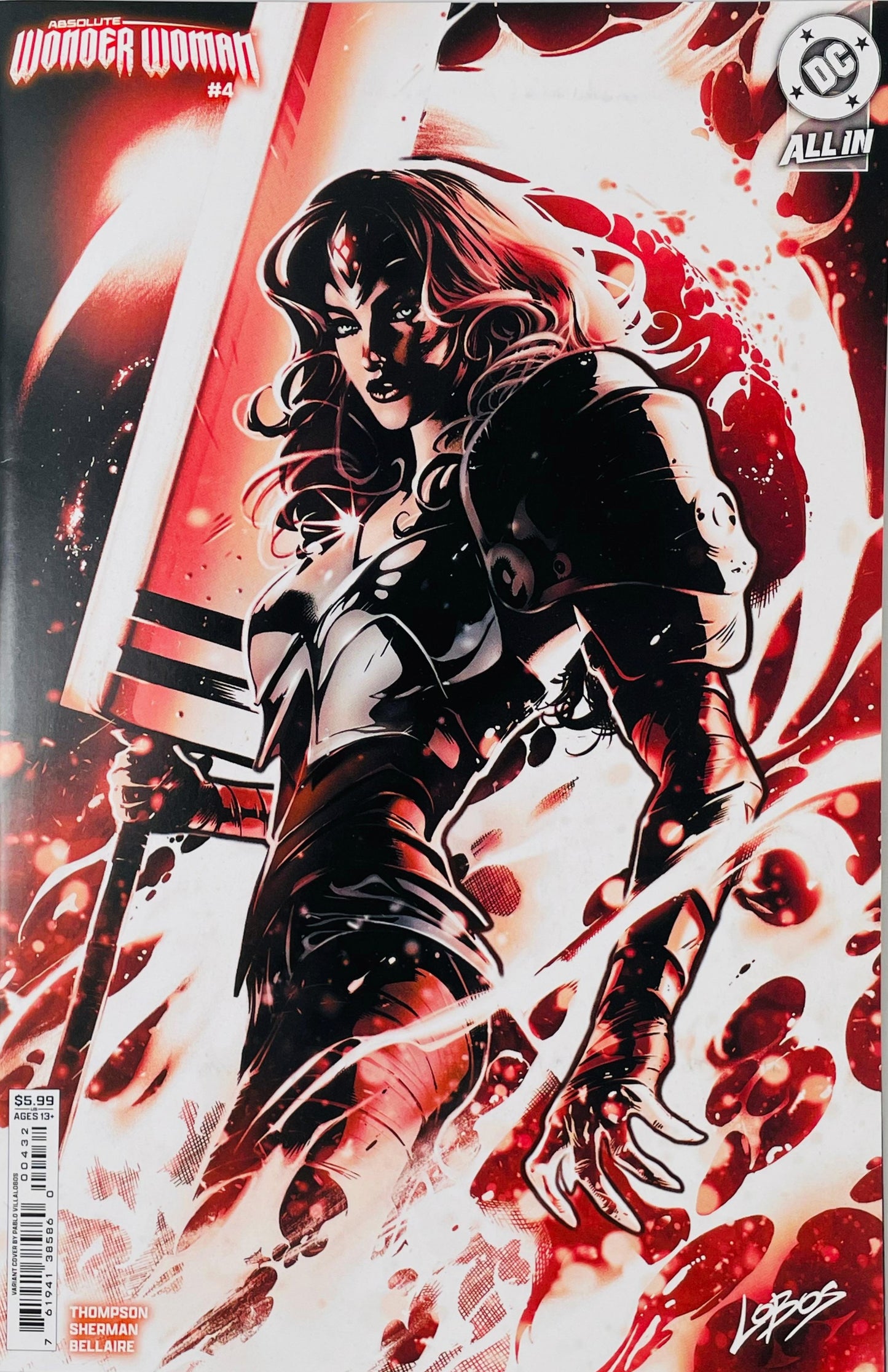 Absolute Wonder Woman #4 Pablo Villalobos Card Stock Variant Cover featuring Diana in a dramatic black white and red action scene