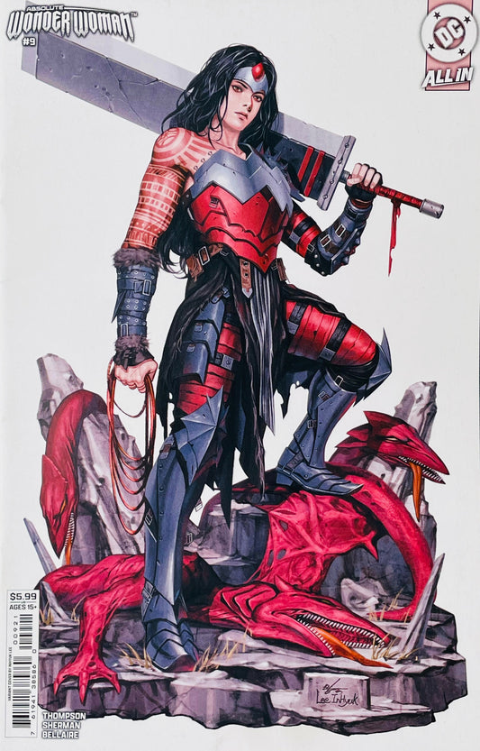 Absolute Wonder Woman #9 InHyuk Lee Card Stock Variant Cover featuring Diana in warrior armor standing over defeated red monsters with a massive sword