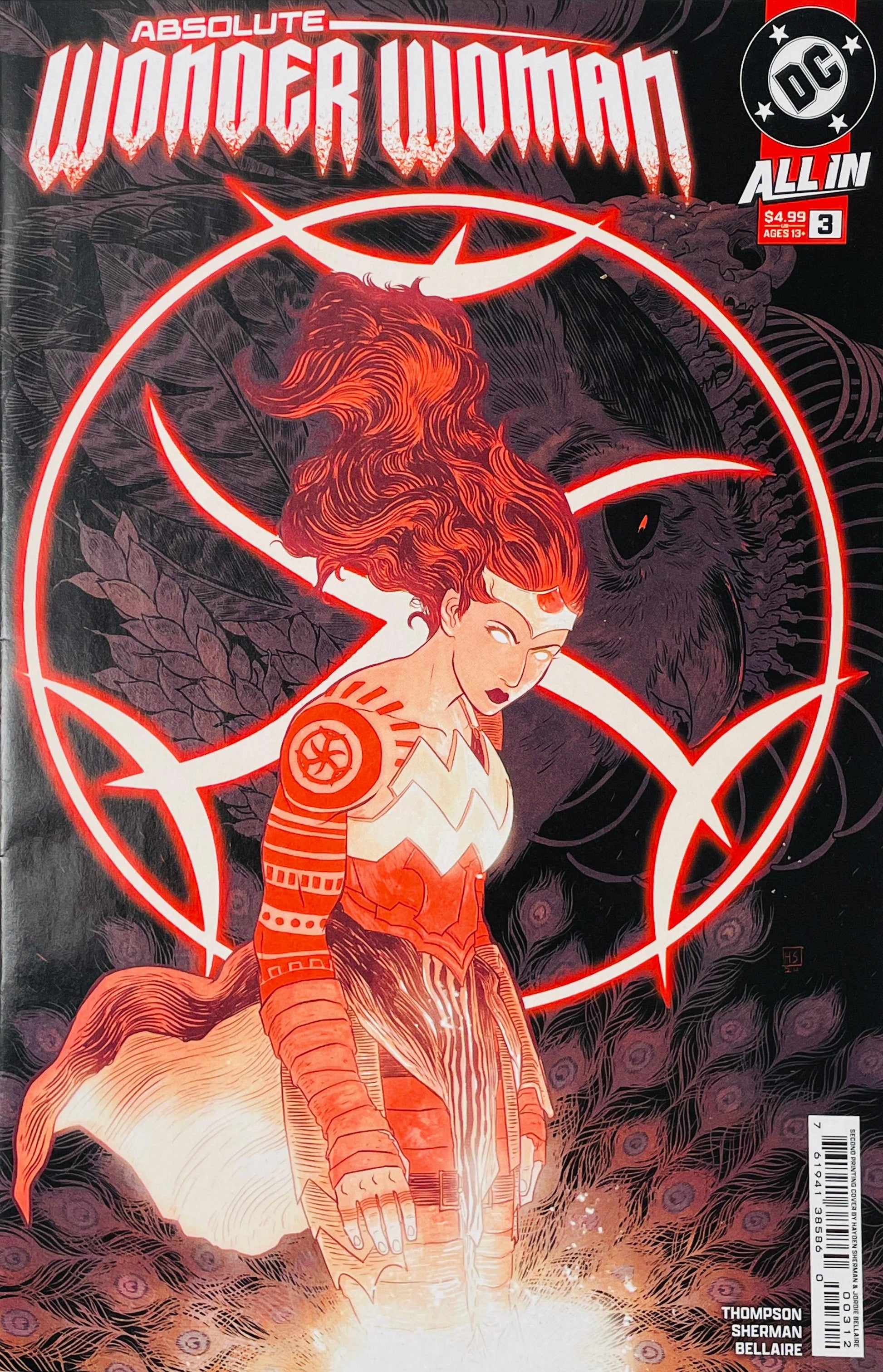 Absolute Wonder Woman #3 second printing Hayden Sherman variant cover featuring Diana surrounded by a glowing red sigil with a massive dark beast behind her