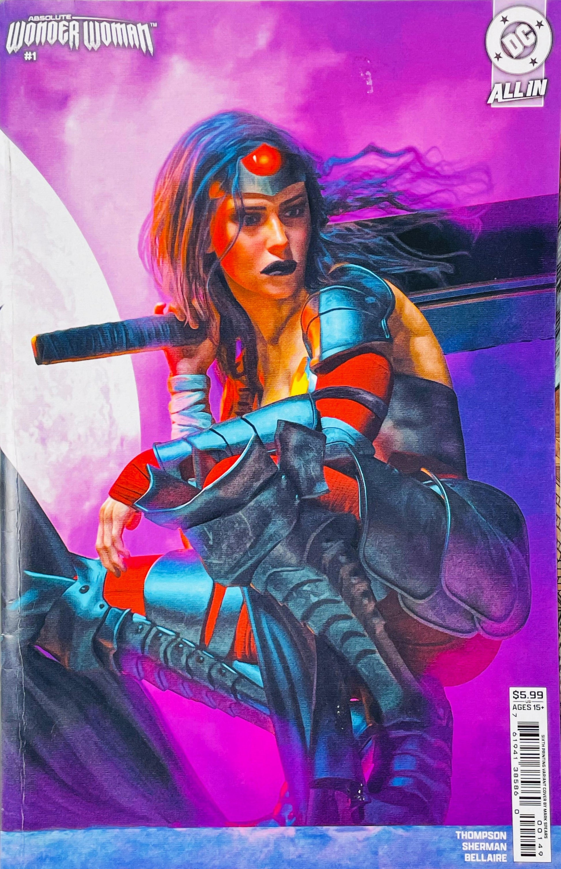 Absolute Wonder Woman issue 1 cover featuring a armored Wonder Woman holding a massive broadsword against a purple cosmic backdrop.