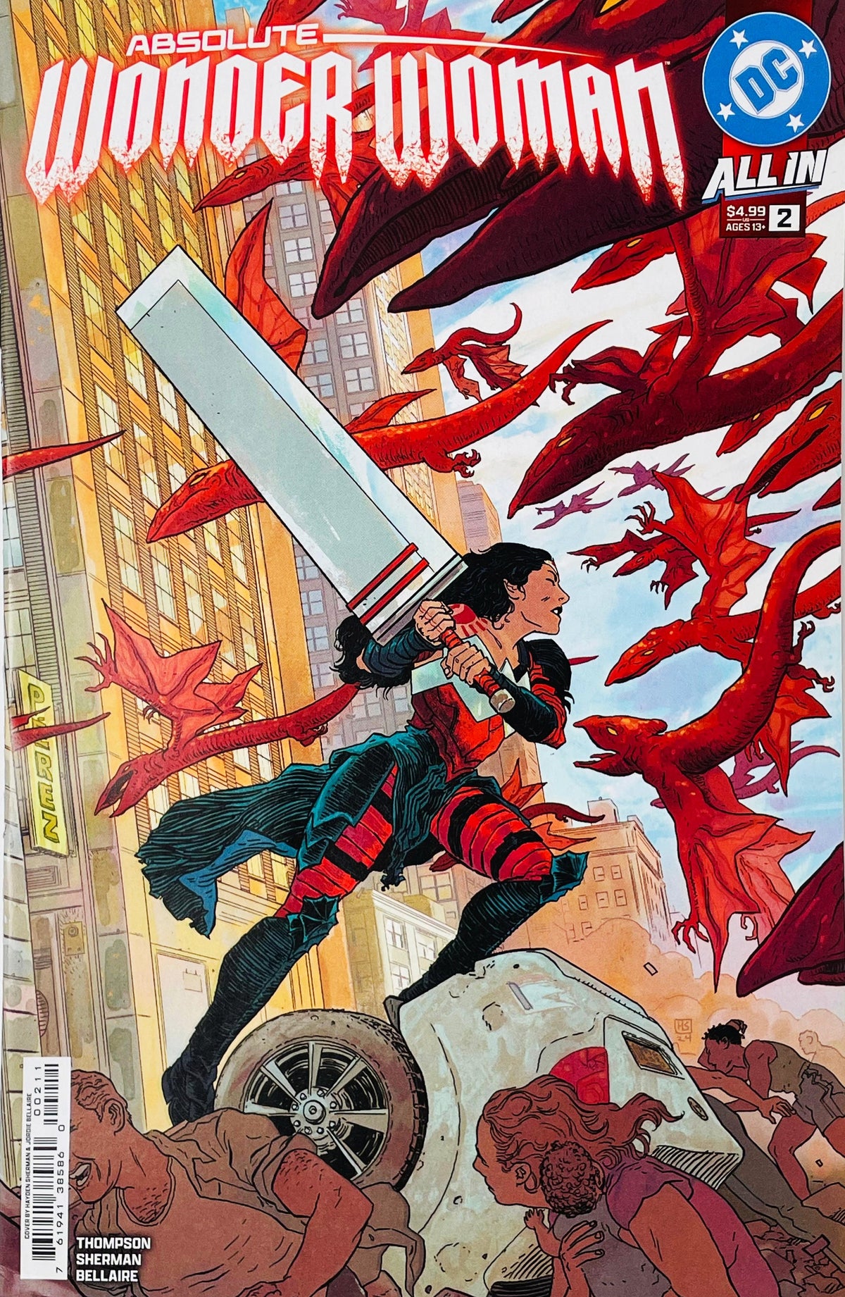 Absolute Wonder Woman issue 2 cover showing Diana wielding a massive broadsword on a flipped car against red winged creatures in a city.