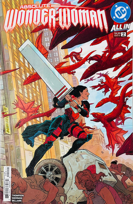 Absolute Wonder Woman issue 2 cover showing Diana wielding a massive broadsword on a flipped car against red winged creatures in a city.