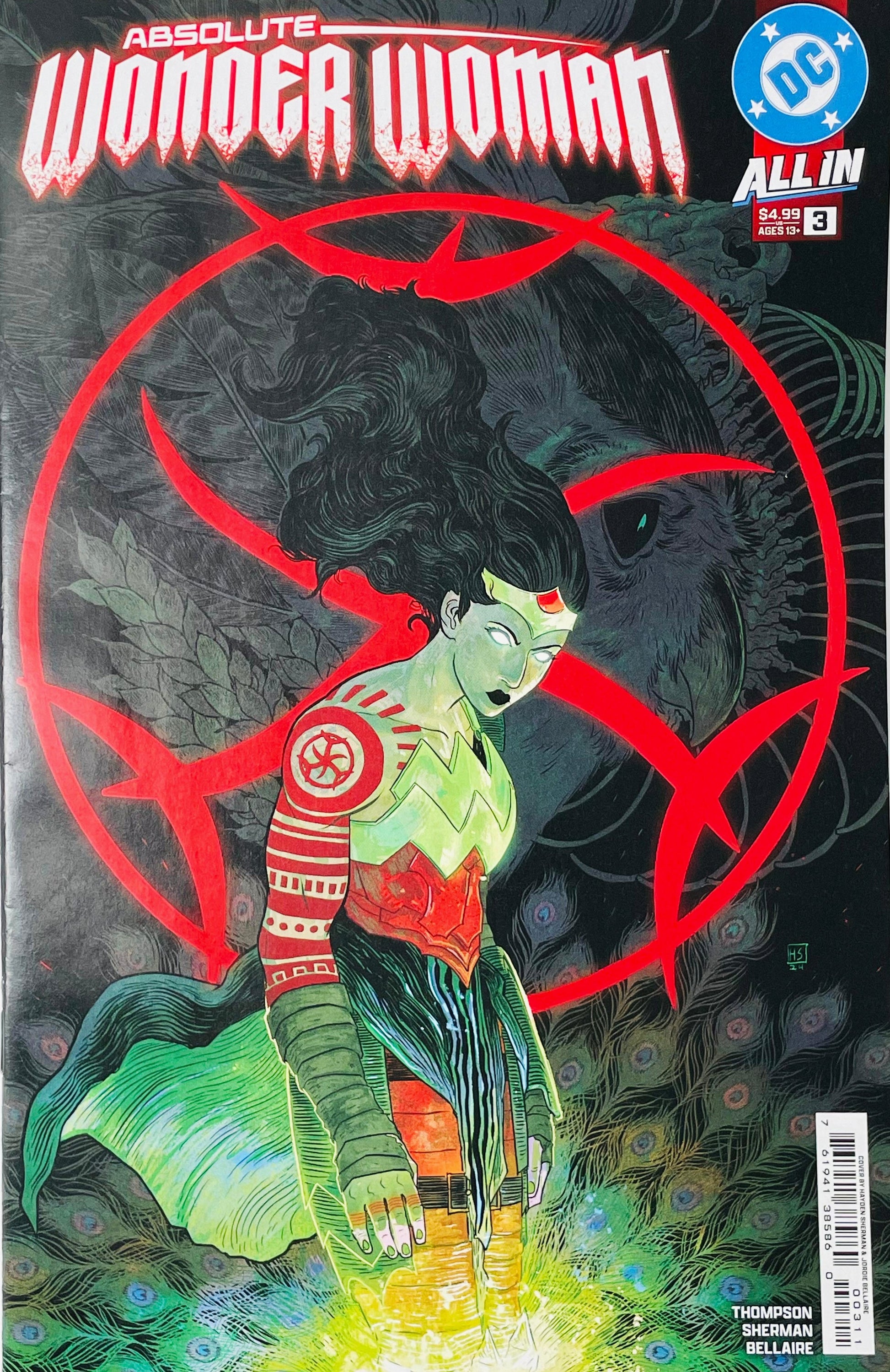 Absolute Wonder Woman issue 3 cover featuring Diana glowing in green and red with mystical symbols and a giant beast background.