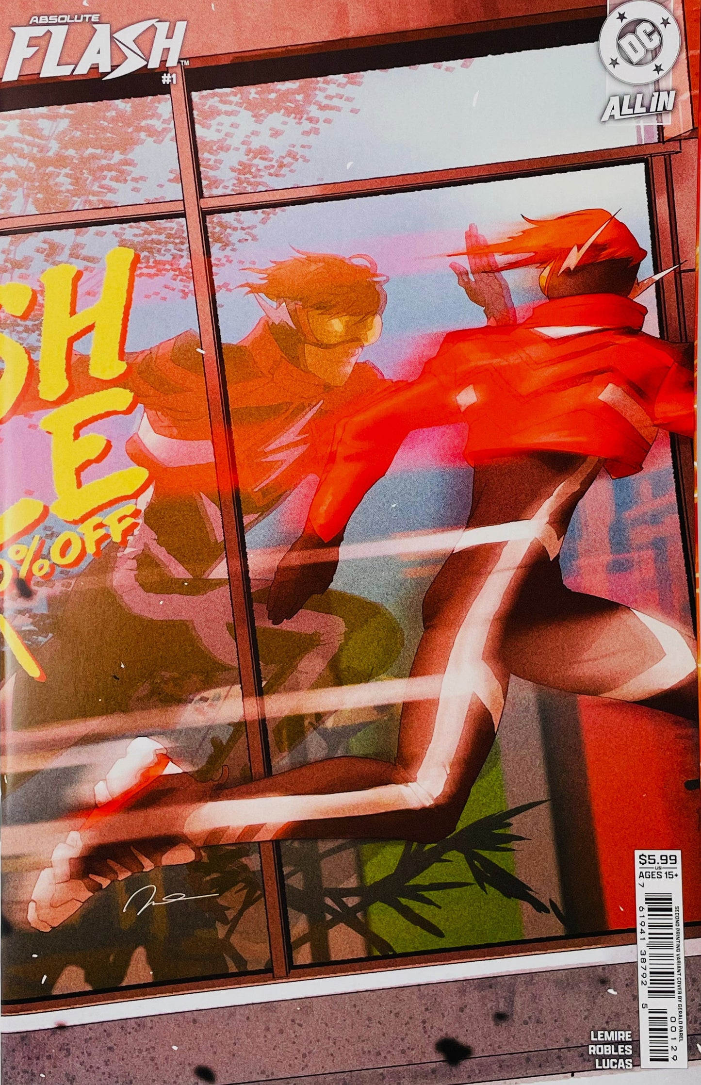 Absolute Flash #1 second printing Gerald Parel card stock variant cover featuring the Flash racing through a vivid red and orange city scene with a second speedster figure in the background