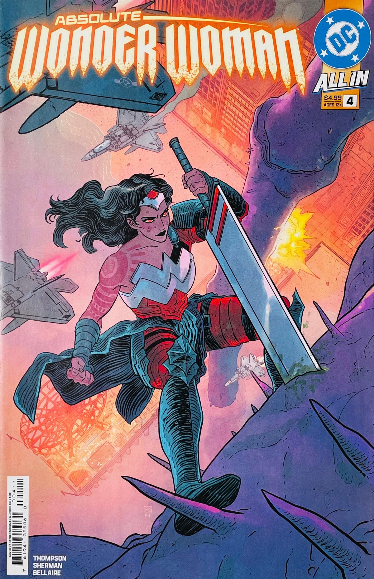 Absolute Wonder Woman issue 4 cover showing Diana climbing a giant creature with her sword as jets fly past a burning city.
