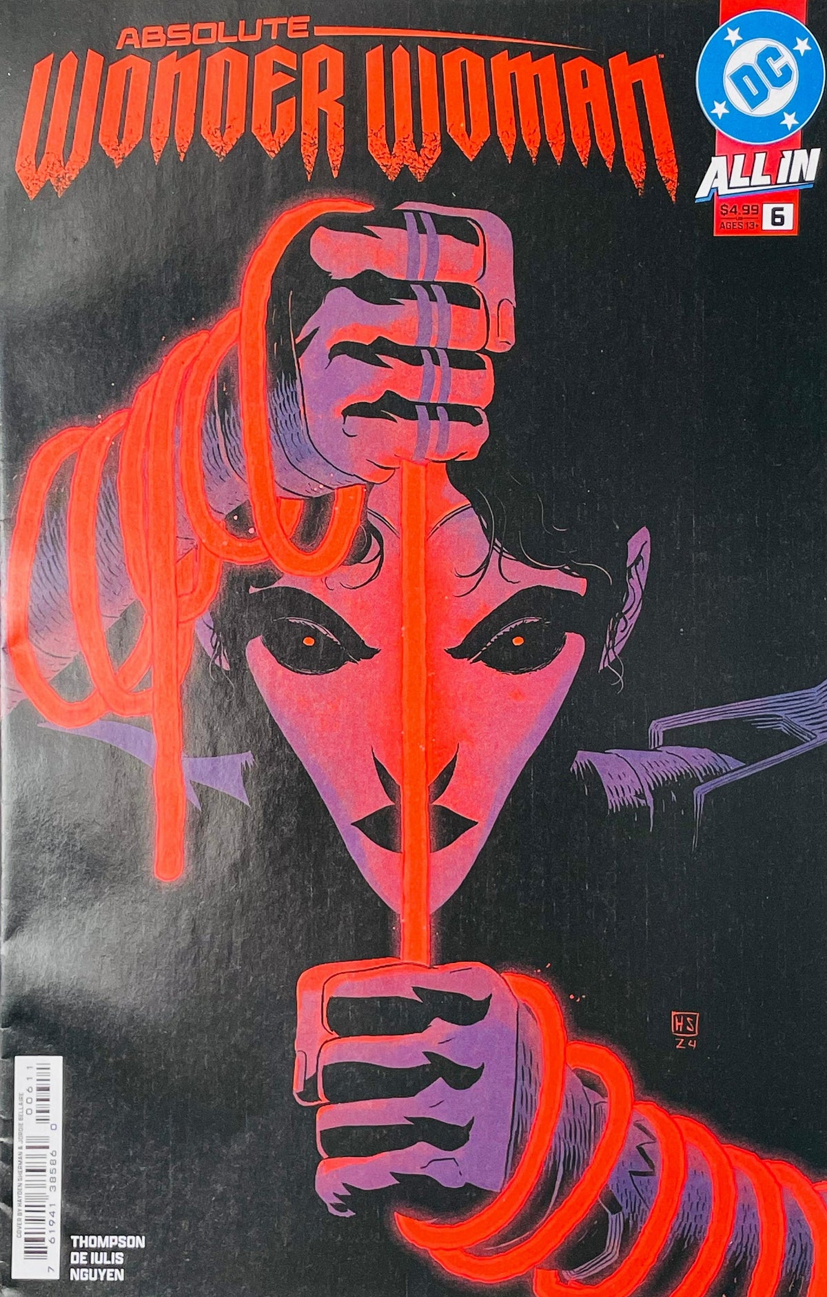 Absolute Wonder Woman issue 6 cover displaying a minimalist graphic face in purple and black holding a glowing red lasso wrapped around her wrists.