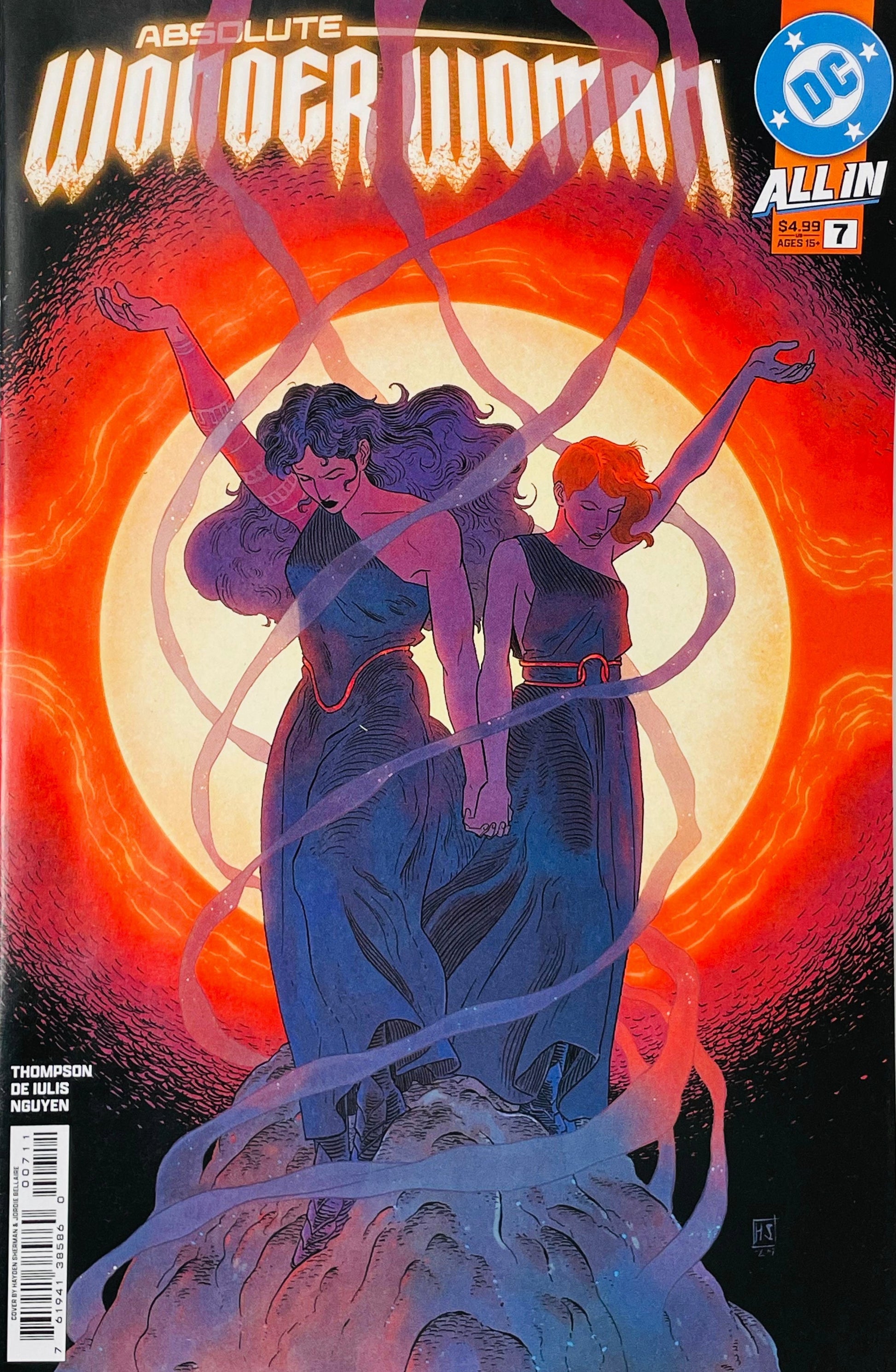 Absolute Wonder Woman issue 7 cover featuring two women holding hands surrounded by swirling ribbons against a giant burning sun.