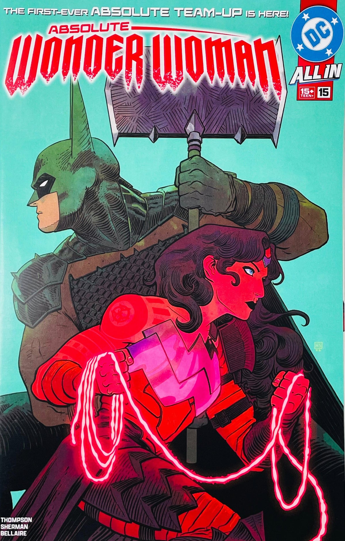 Absolute Wonder Woman issue 15 cover by Hayden Sherman featuring Absolute Wonder Woman with her glowing lasso teamed up back-to-back with Absolute Batman.