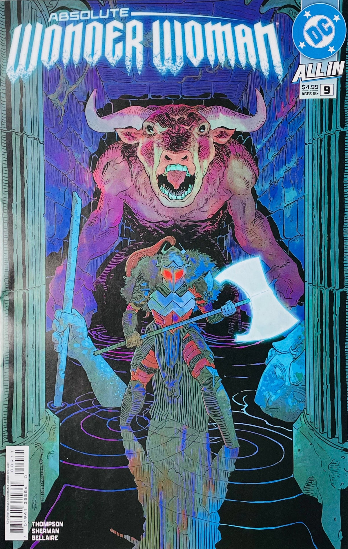 Absolute Wonder Woman issue 9 cover showing armored Wonder Woman with a glowing battleaxe standing in front of a giant purple Minotaur.