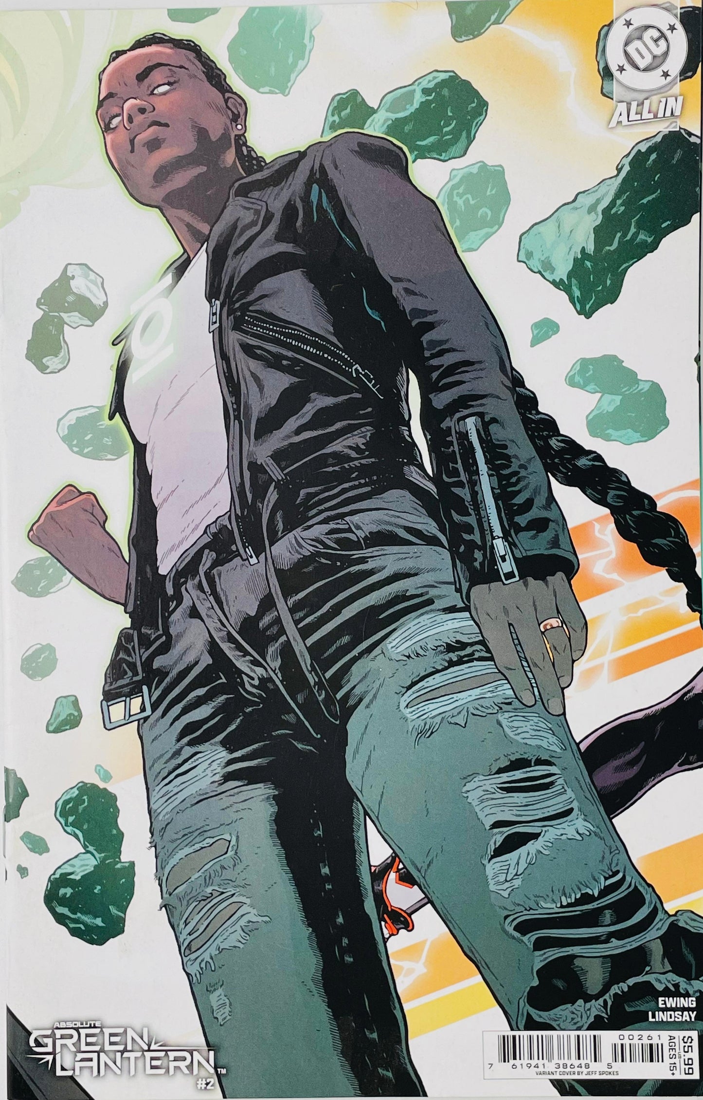 Absolute Green Lantern issue 2 variant cover featuring a low-angle shot of a hero in a black leather jacket and ripped jeans with green meteors floating around her.