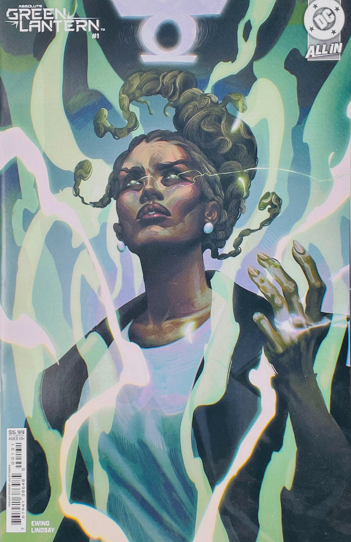 Absolute Green Lantern issue 1 variant cover featuring a close-up portrait of Jo Mullein surrounded by crackling green energy and a glowing lantern emblem.