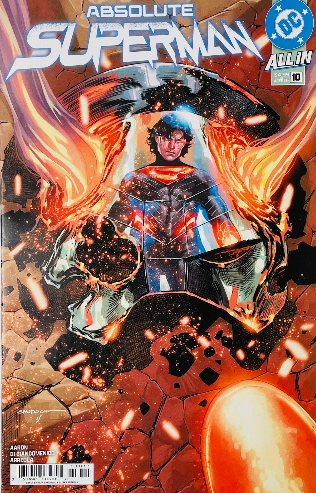 Absolute Superman issue 10 cover featuring a long-haired, armored Superman with glowing red heat vision inside a fiery, cracked shield motif.