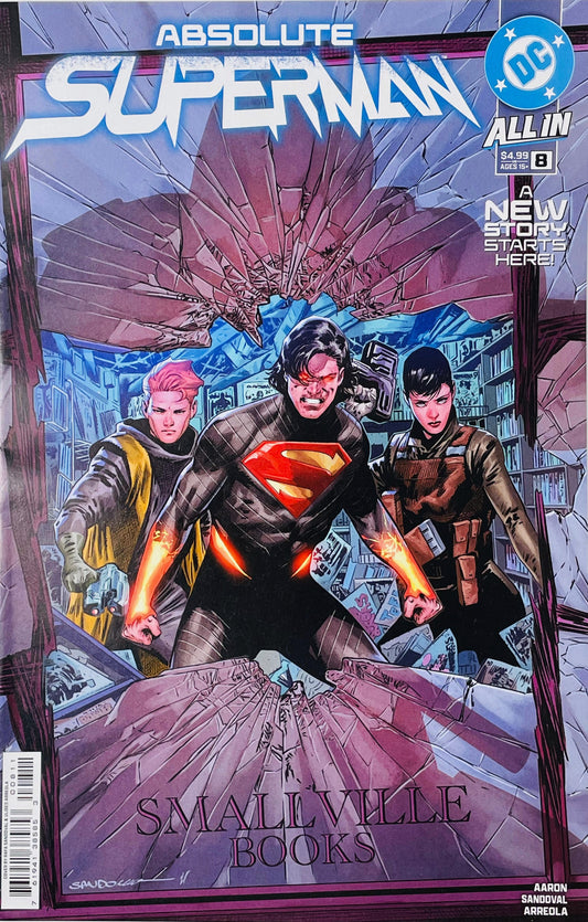 Absolute Superman issue 8 cover showing a dark-suited Superman with glowing hands and two allies breaking through the broken glass window of Smallville Books.