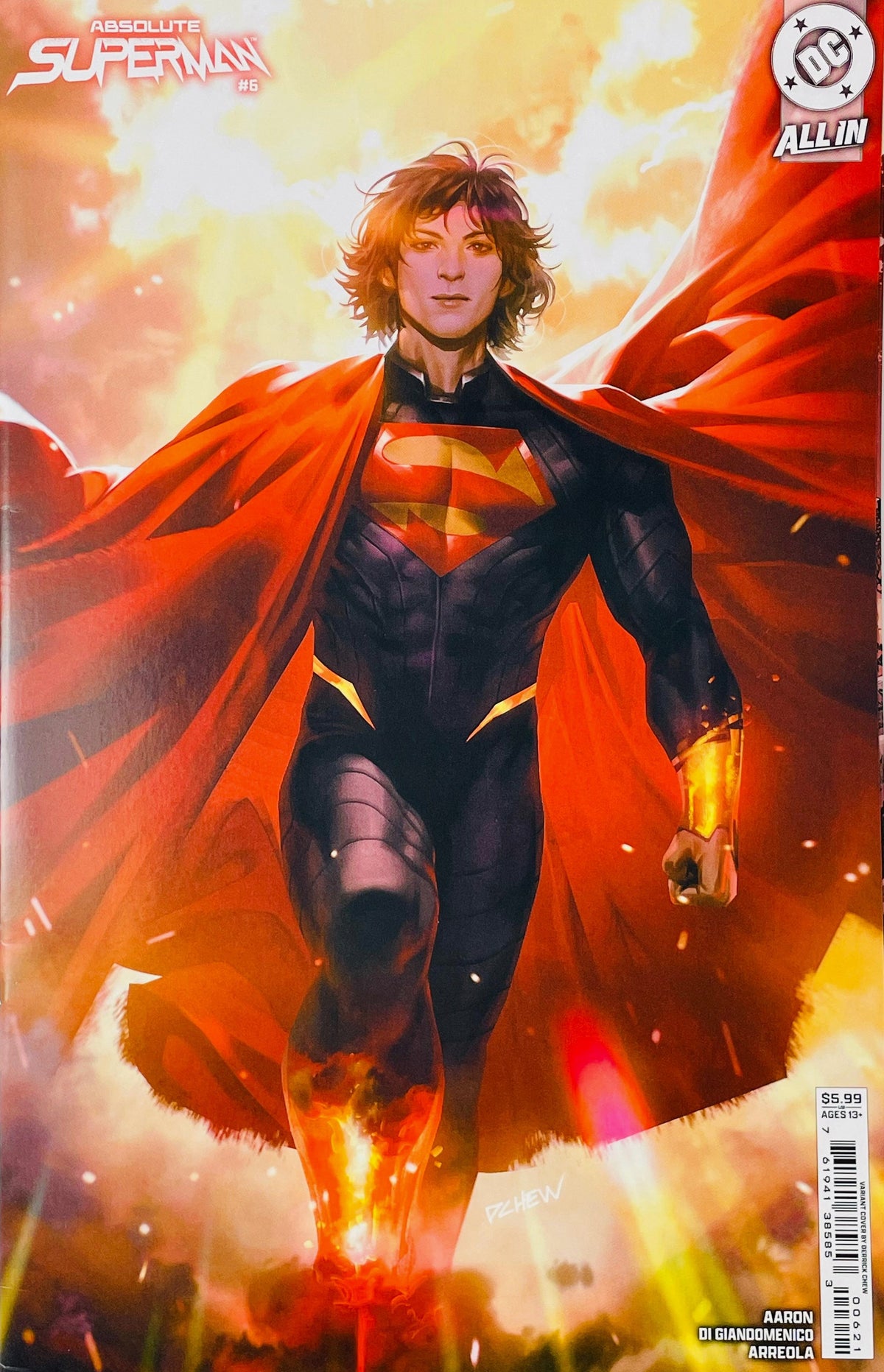 Absolute Superman issue 6 variant cover showing a full-body portrait of a long-haired Superman walking forward with a massive flowing red cape amid fiery sunlight.