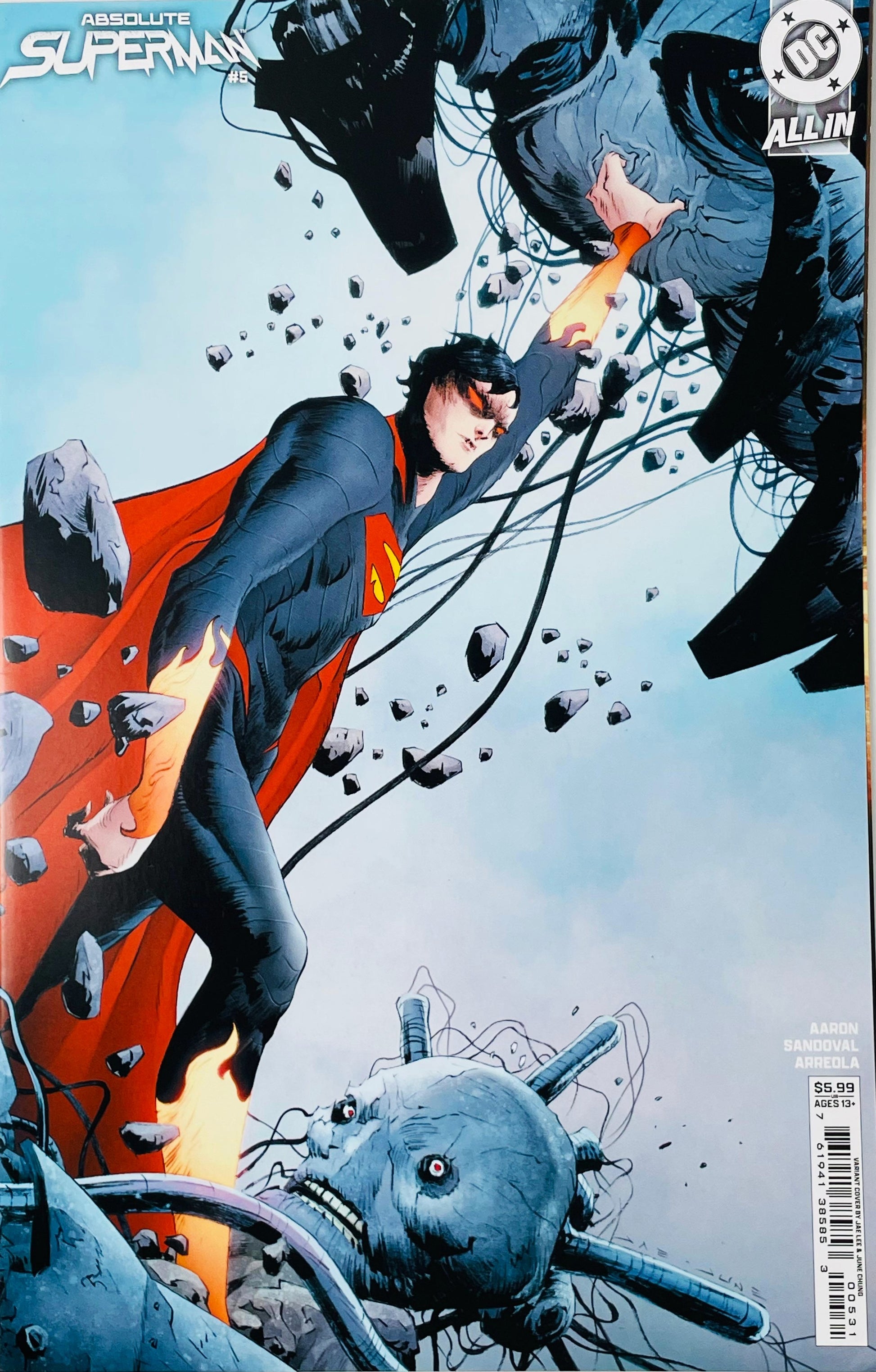 Absolute Superman issue 5 variant cover drawn by Jae Lee showing a sleek Superman punching a giant cybernetic robot amid floating rocks.