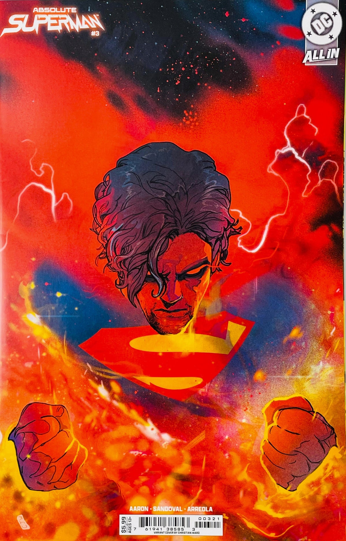 Absolute Superman issue 3 variant cover illustrated by Christian Ward featuring a brooding Superman with glowing fists against a vibrant fiery cosmic background.