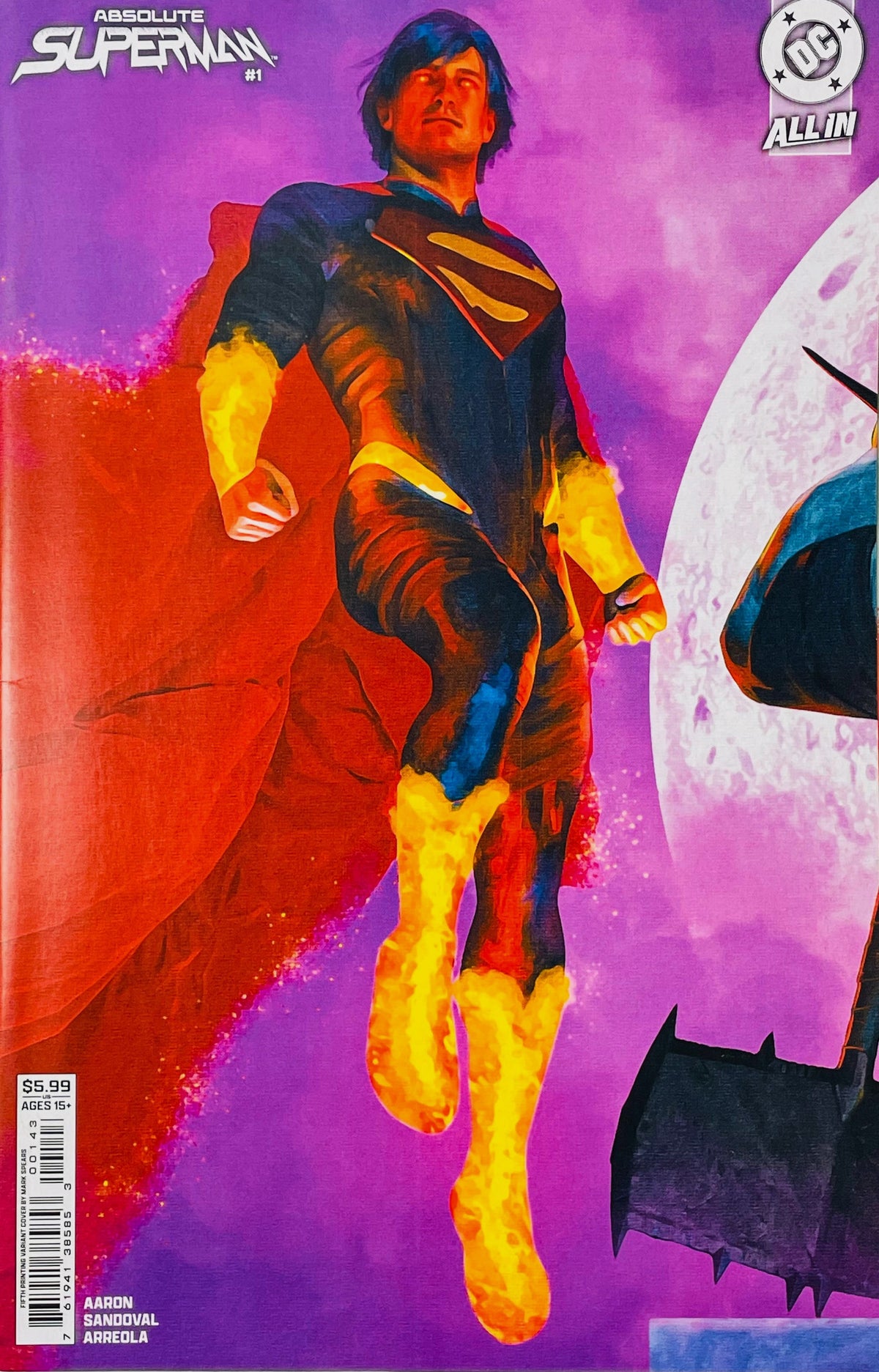 Absolute Superman issue 1 5th printing variant cover by Mark Spears showing a glowing Superman levitating against a purple sky with a moon.