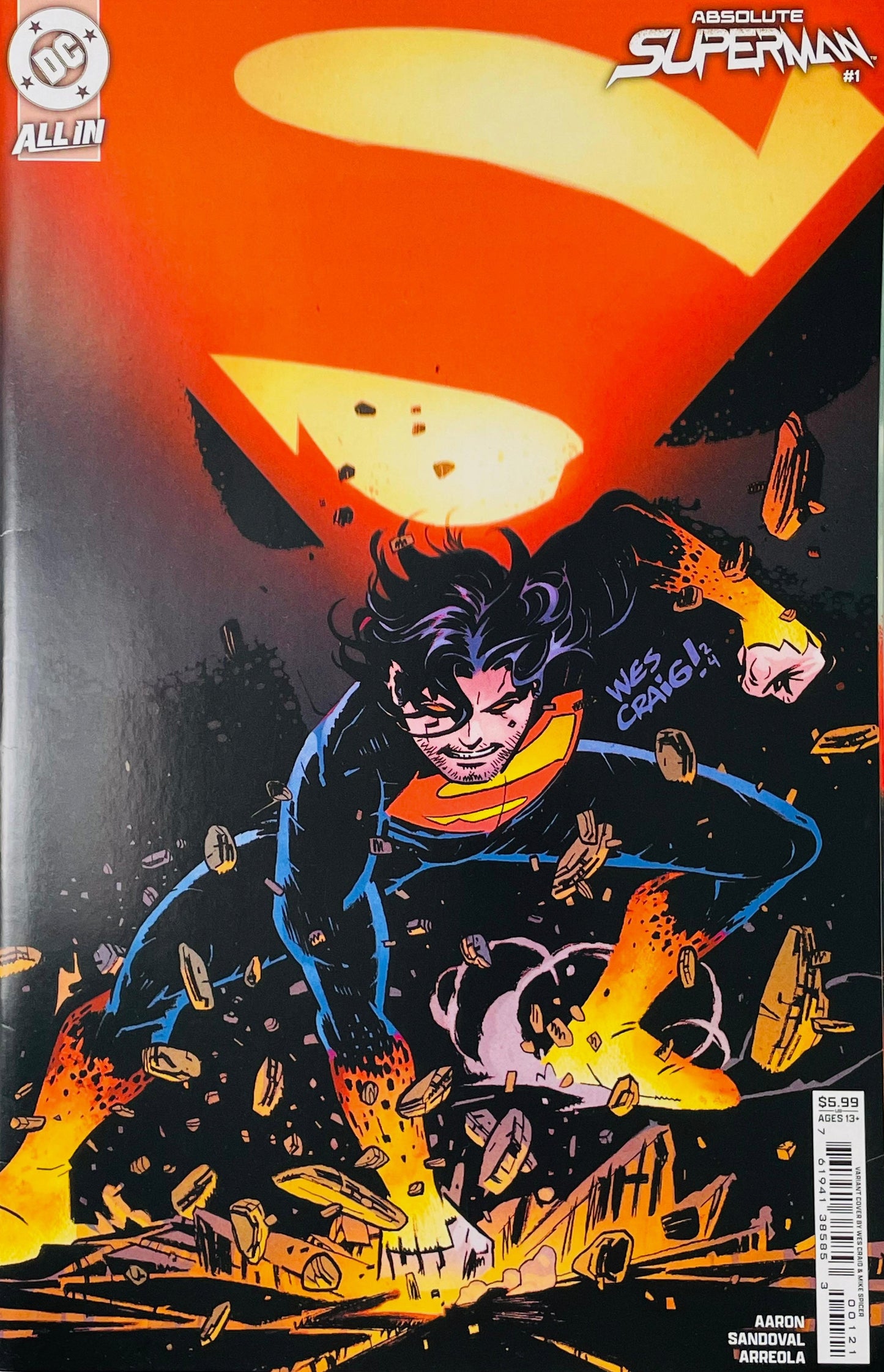 Absolute Superman issue 1 variant cover by Wes Craig showing a superhero landing pose as Superman hits the ground surrounded by rocks and a giant glowing S emblem.