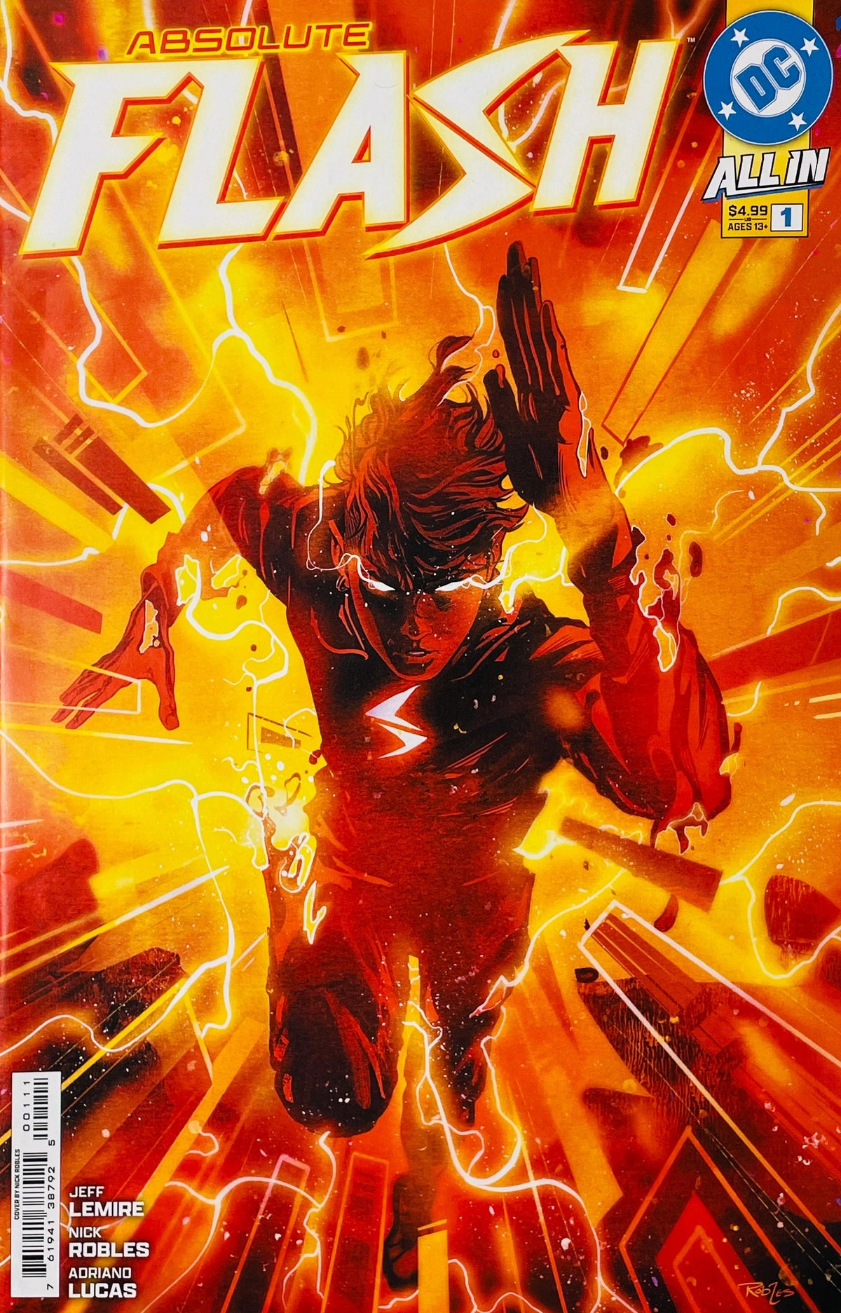 Absolute Flash issue 1 main cover by Nick Robles showing the Flash sprinting directly forward enveloped in brilliant yellow lightning and Speed Force energy.
