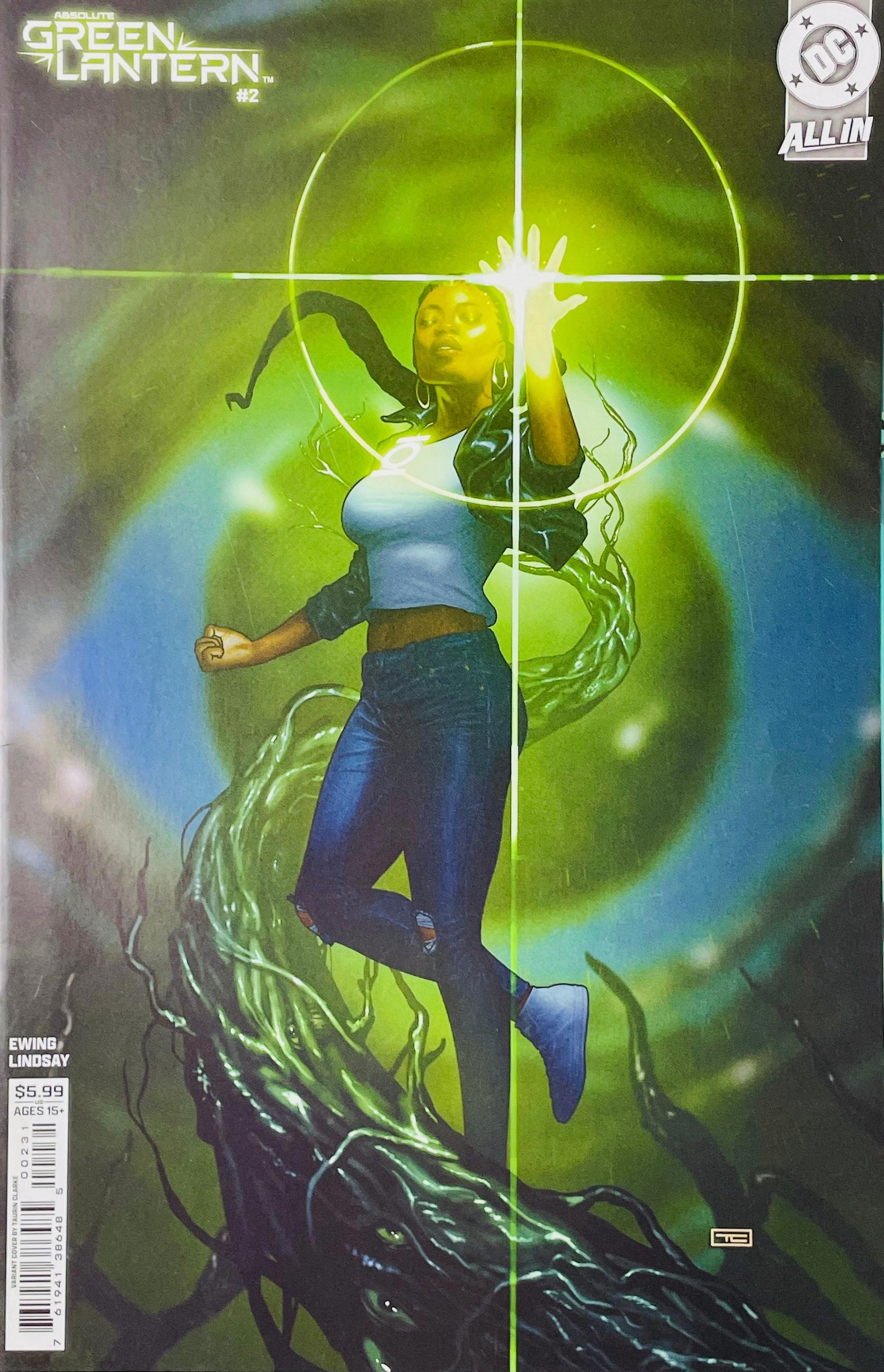 Absolute Green Lantern issue 2 variant cover by Taurin Clarke featuring Jo Mullein projecting a glowing green target reticle from her hand.
