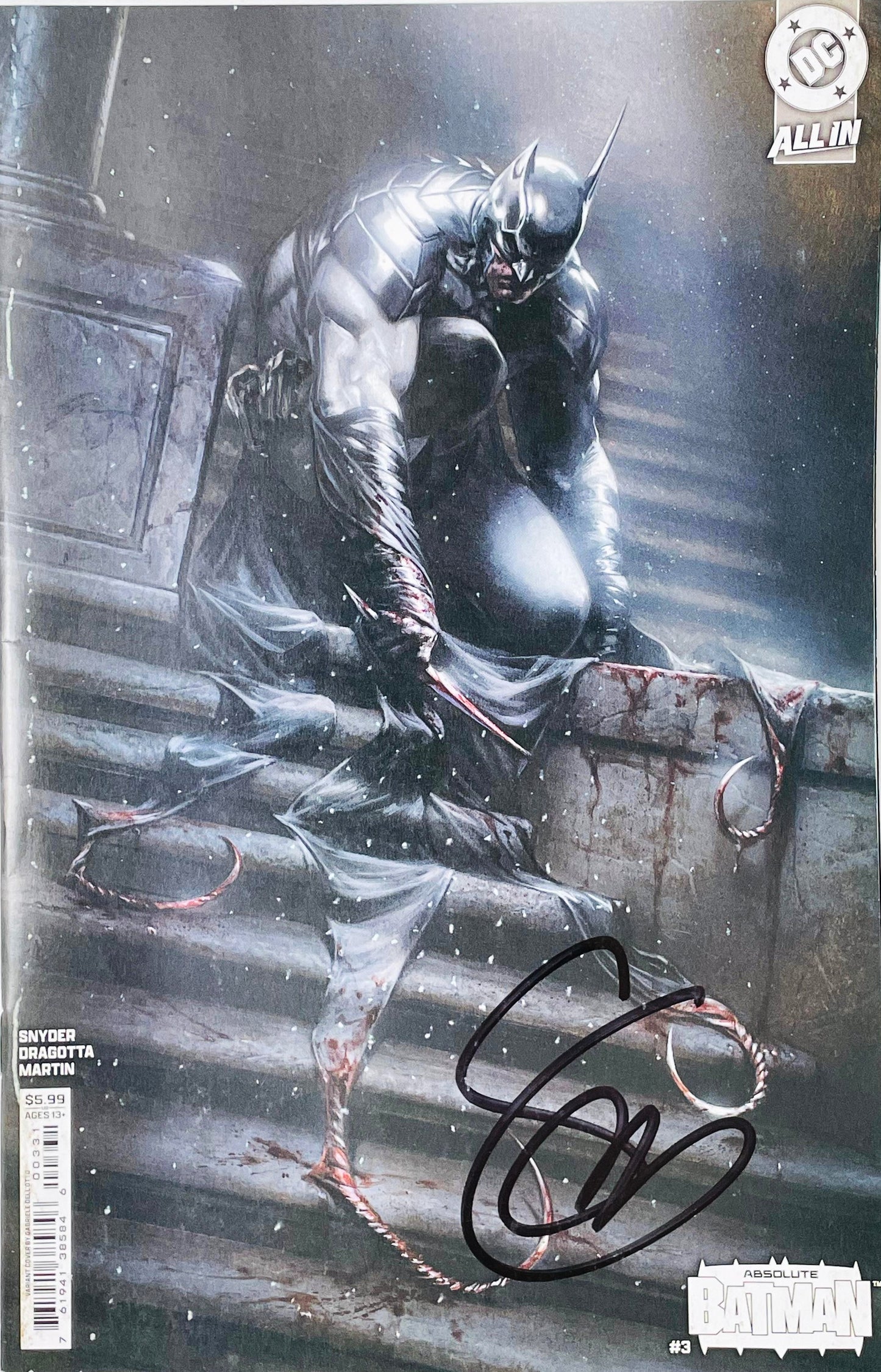 Signed Absolute Batman issue 3 variant cover by Gabriele Dell'Otto depicting an armored Batman crouching on bloody stone steps in snow.