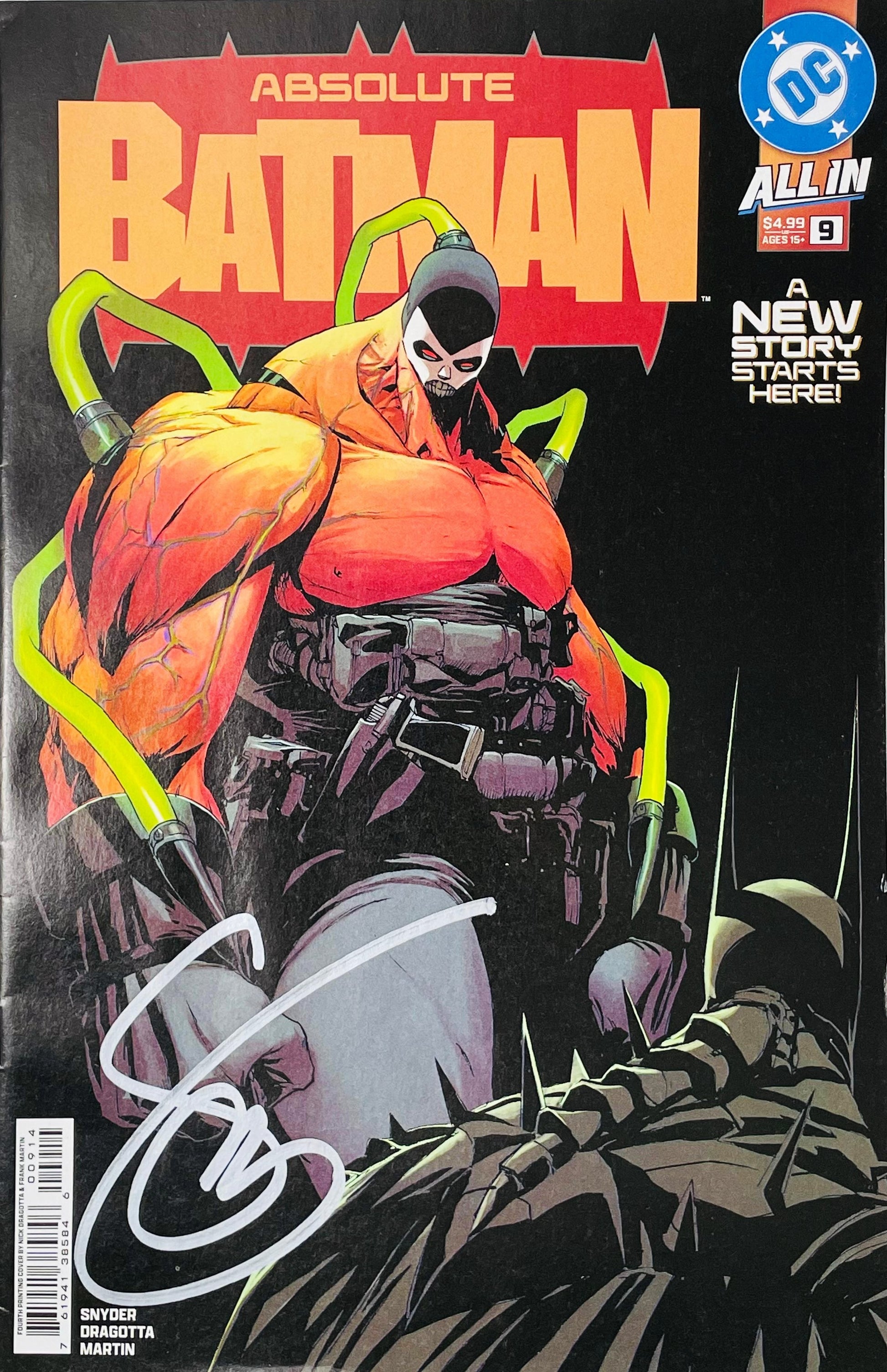 Signed Absolute Batman issue 9 main cover by Nick Dragotta featuring a massive Venom powered Bane staring down Batman with a silver signature.