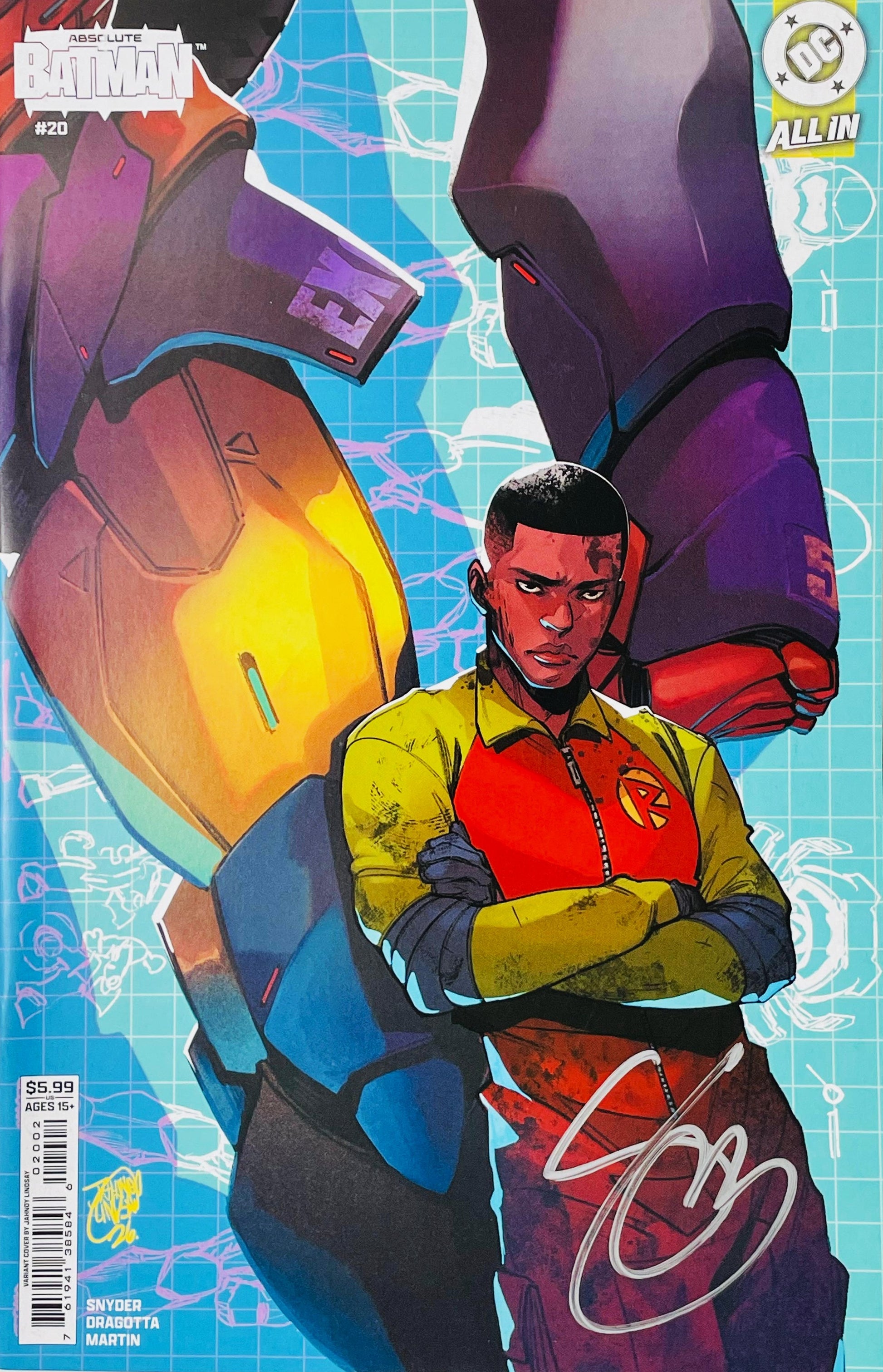 Signed Absolute Batman issue 20 variant cover by Juann Cabal featuring Absolute Robin standing in front of a giant mech suit with a silver signature.