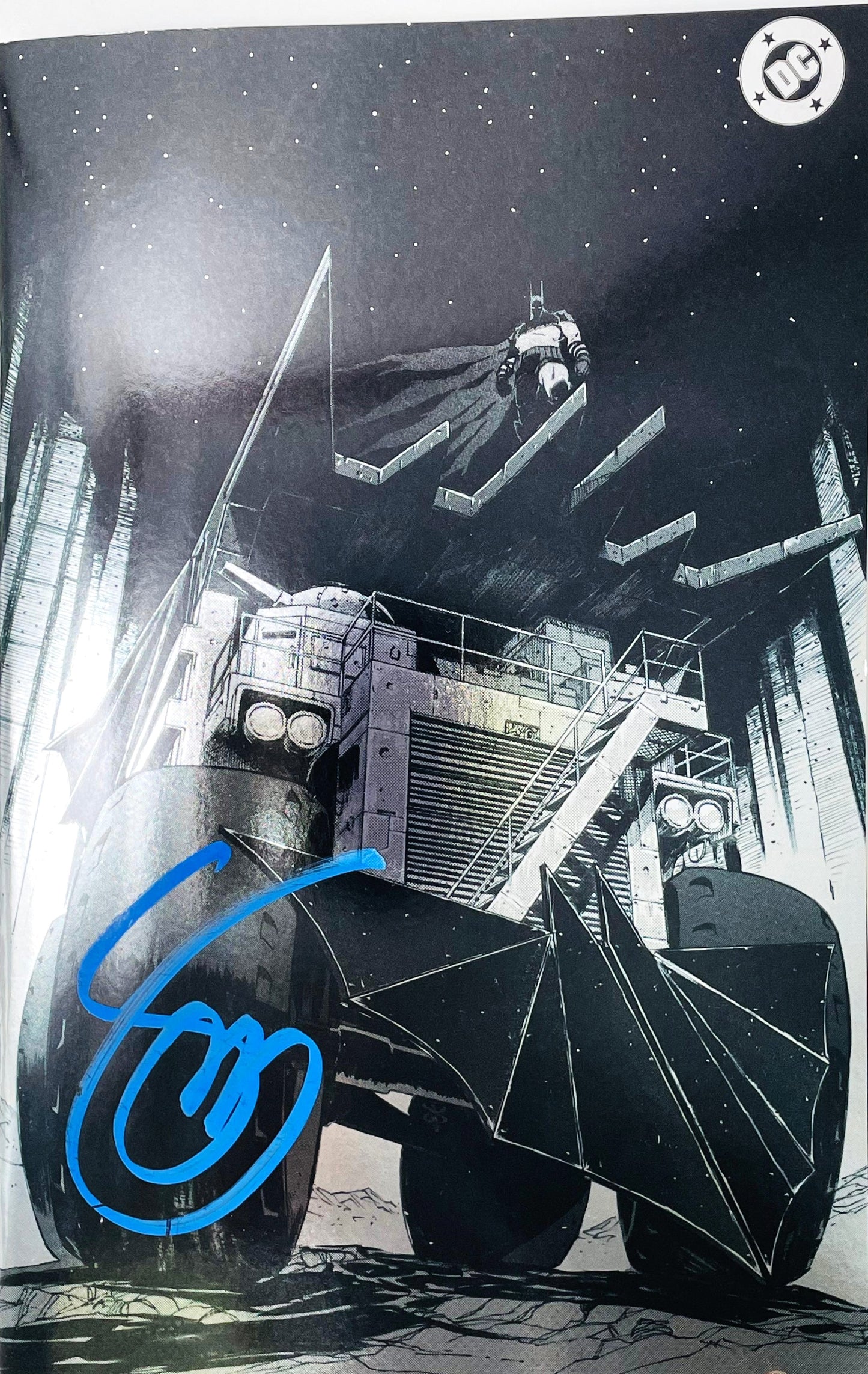 Signed Dark Knight Returns issue 1 variant cover by Sean Gordon Murphy showing Batman atop his tank Batmobile under a night sky.